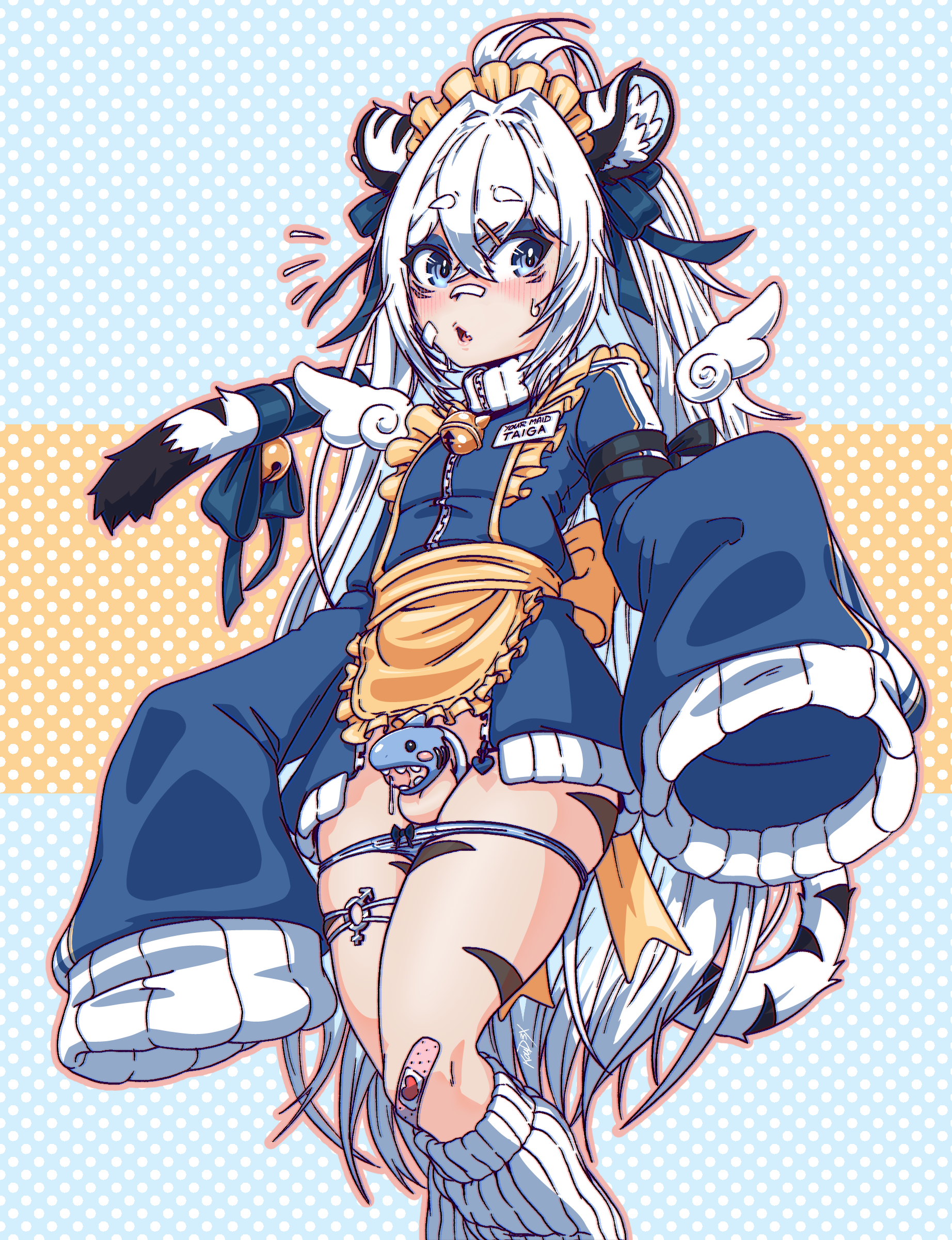 bandages, bell, blue eyes, blush, blushing, blushing at viewer, cage, cock cage, cute face, femboy, hair ribbon, koud3x, leg warmers, maid, maid apron, maid headdress, maid outfit, maid uniform, make up, otokonoko, precum, precum drip, shark, small penis, solo, stripes, taigaxholic, thigh band, tiger, tiger ears, tiger stripes, tracksuit, white hair