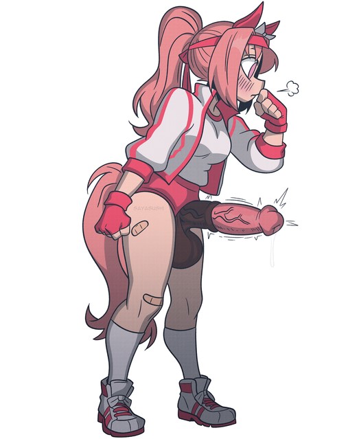 1futa 1girls balls bandaged_leg blush blush_lines blushing clothing cock erection fingerless_gloves futanari gloves haru_urara_(umamusume) horse_ears horse_girl horse_penis horse_tail horsecock horsecock_futa jacket kemonomimi penis penis_out pink_eyes pink_hair ponytail sayasushiswag simple_background testicles umamusume veiny_cock veiny_penis