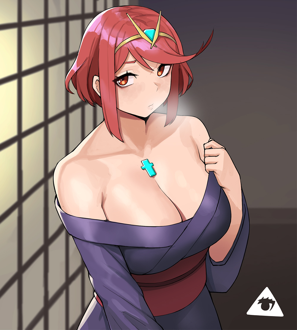 1girls, artist logo, bangs, bare shoulders, breasts, breath, chest jewel, cleavage, donburikazoku, female, indoors, japanese clothes, kimono, large breasts, off-shoulder kimono, pyra, red eyes, red hair, short hair, swept bangs, tiara, upper body, xenoblade (series), xenoblade chronicles (series), xenoblade chronicles 2