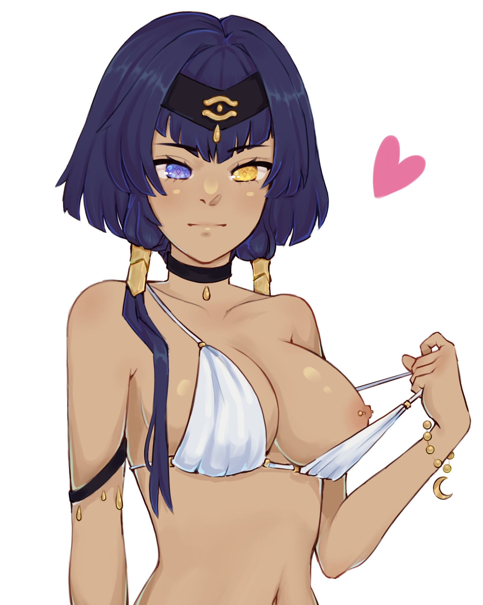 1girls, 2022, bikini, bikini pull, bikini top, bikini top pull, blue eyes, blue hair, breasts, bunnie doom, candace (genshin impact), choker, female, genshin impact, heart, heterochromia, looking at viewer, navel, nipple piercing, nipples, piercing, short hair, standing, tagme, twintails, white bikini, yellow eyes