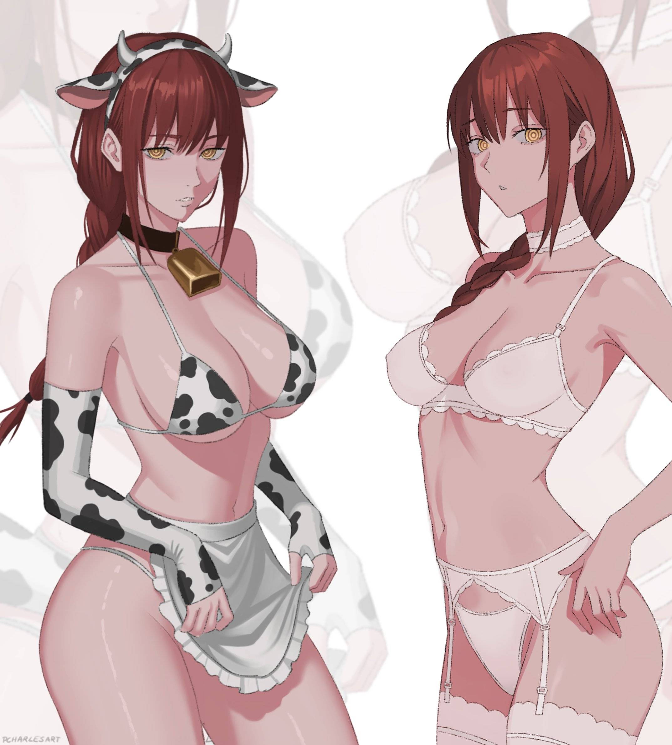 1girls, 2d, 2d (artwork), 2d artwork, adult, adult female, almost naked, almost nude, alternate angle, alternate outfit, alternate view, anime, anime character, antagonist, apron, background, bare armpits, bare arms, bare belly, bare chest, bare hands, bare hips, bare legs, bare midriff, bare navel, bare shoulders, bare skin, bare thighs, bell collar, belly, belly button, big boobs, big breasts, bikini, bikini bottom, bikini top, black bikini, black bikini bottom, black bikini top, black choker, black swimsuit, black swimwear, blank background, blank expression, blank eyes, blank stare, bra, braid, braided hair, braided ponytail, braids, breasts, breasts apart, busty, busty female, busty girl, chainsaw man, charlesart, choker, cleavage, collarbone, cow bell, cow bell collar, cow collar, cow horn, cow horns, cow print bikini, cow print micro bikini, cow print sling bikini, cow print swimsuit, cowprint bikini, cowprint swimsuit, curvaceous, curvaceous body, curvaceous female, curvaceous figure, curvaceous hips, curvy, curvy body, curvy female, curvy figure, curvy hips, different angle, digital, digital art, digital drawing, digital drawing (artwork), digital media, digital media (artwork), drawing, elbows, emotionless, exposed, exposed armpits, exposed arms, exposed belly, exposed chest, exposed hips, exposed legs, exposed midriff, exposed navel, exposed shoulders, exposed skin, exposed thighs, eye-level view, eyebrows visible through hair, fanart, female, female focus, female only, fingers, fit female, frilled bra, frilled underwear, from front, front view, garter belt, garter straps, glistening boobs, glistening breasts, glistening hair, glistening legs, glistening shoulders, glistening skin, glistening thighs, glossy breasts, glossy hair, groin, hair between eyes, hairband, halterneck, horn, horns, hourglass figure, inframammary fold, inguinal crease, inguinal ligament, knees out of frame, large boobs, large breasts, lean figure, legwear, linea alba, lingerie, lingerie bra, lingerie only, lingerie panties, long hair, looking at viewer, makima (chainsaw man), manga character, mappa, matching underwear, mature, mature female, mature woman, midriff, monotone background, mostly nude, multiple views, naked, naked female, naked woman, narrow waist, navel, nearly nude, neutral expression, nipple bulge, nude, nude female, nudity, one color background, panties, plain background, ponytail, practically nude, red hair, red-haired female, ribcage, ribs, ring eyes, ringed eyes, shiny breasts, shiny hair, shiny legs, shiny shoulders, shiny skin, shiny thighs, shonen jump, shoulders, shueisha, sideboob, sidelocks, single braid, slender body, slender waist, slim female, slim waist, solid color background, solo, standing, stockings, stomach, string bikini, swimsuit, swimwear, thigh highs, thighhighs, thighs, three quarter view, three-quarter view, tied hair, top view, underwear, underwear only, upper body, villain, villainess, weekly shonen jump, white apron, white background, white bikini, white bikini bottom, white bikini top, white bra, white choker, white garter belt, white garter straps, white hairband, white legwear, white lingerie, white panties, white stockings, white swimsuit, white swimwear, white thigh highs, white thighhighs, white underwear, wide hips, woman, yellow eyes, yellow-eyed female