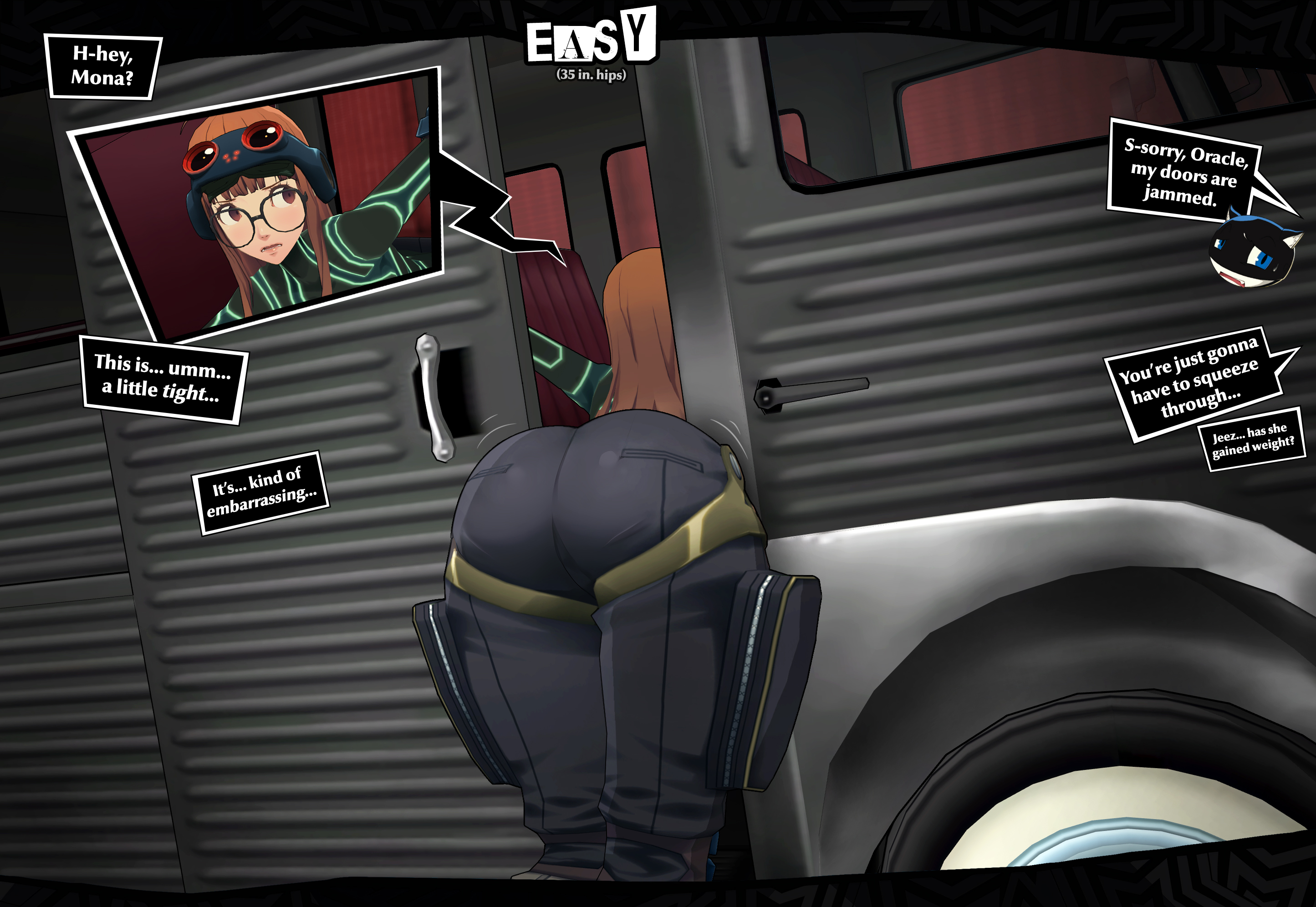 1girls, 3d, 3d (artwork), accurate art style, alternate version available, ass, ass focus, atlus, back view, bent over, big ass, big butt, blush, blushing, bodysuit, brown eyes, butt, butt focus, buttocks, embarrassed, embarrassed expression, embarrassed female, english text, female, female only, headgear, high quality, high resolution, highres, huge ass, huge butt, long hair, looking back, morgana (persona), orange hair, pants, persona, persona 5, sakura futaba, sakura futaba (oracle), sega, solo, solo female, stuck in door, teenage girl, teenager, text, text box, thick ass, thick butt, thick thighs, tight clothing, tight pants, tight squeeze, tightsqueezie, wide hips, wide thighs