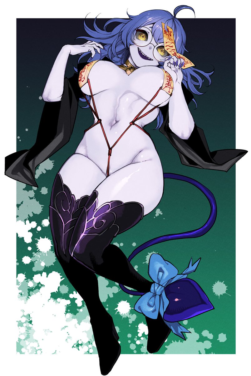 1girls ahoge blue_hair blue_skin breasts curvy demon_tail feet female glasses hips indie_virtual_youtuber jiangshi jiangshi_costume large_breasts long_hair naked nipples nude purple_nipples rope sharp_fingernails spell_tag string_bikini tail thick thighhighs thighs virtual_youtuber vtuber yellow_eyes yomi_quinnley