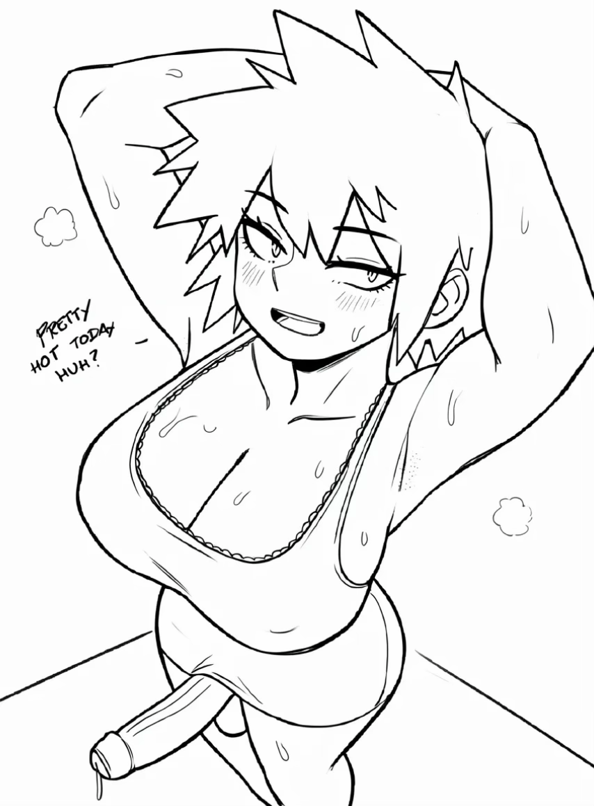 ai edit, coloring page, cum drip, dross, futanari, large breasts, milf, mitsuki bakugou, sweat, uncircumcised, veiny penis