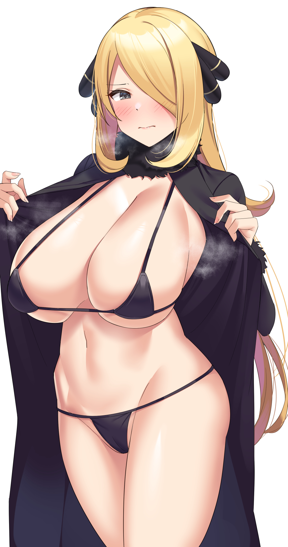 1girls, 2021, alternate breast size, bikini, black bikini, black clothing, blonde hair, blush, breasts, chakoboshi taro, coat, cynthia (pokemon), embarrassed, female, female only, grey eyes, hair ornament, hair over one eye, hips, huge breasts, long hair, micro bikini, nintendo, pokemon, pokemon dppt, simple background, slim waist, steam, steaming body, thick thighs, thighs, undressing, white background, wide hips