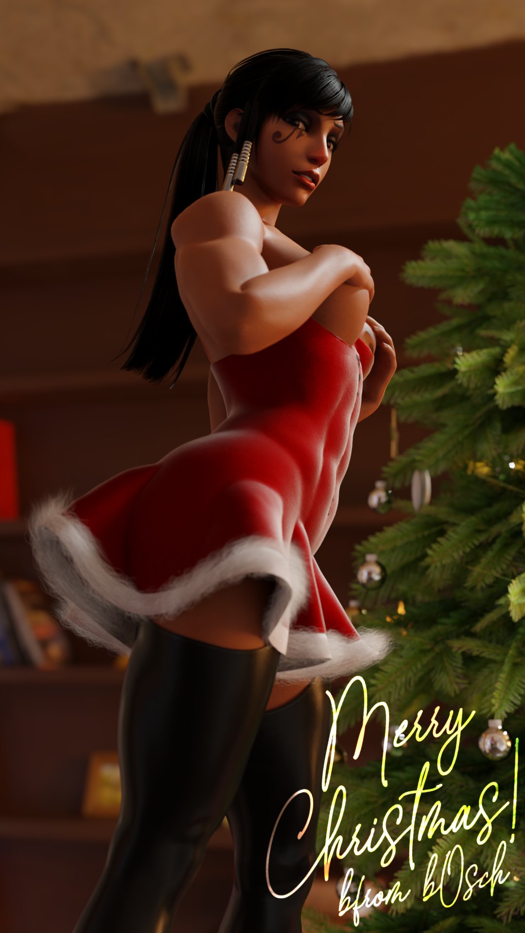 1girls, 3d, abs, b0sch, bare arms, bare shoulders, black hair, blizzard entertainment, breasts, christmas, christmas outfit, christmas tree, covering breasts, covering own breast, dark skin, dark-skinned female, dress, female, female focus, female only, hands on breasts, long hair, looking at viewer, muscular, muscular female, overwatch, pharah, ponytail, solo, solo female, solo focus, tagme, thighhighs, topless