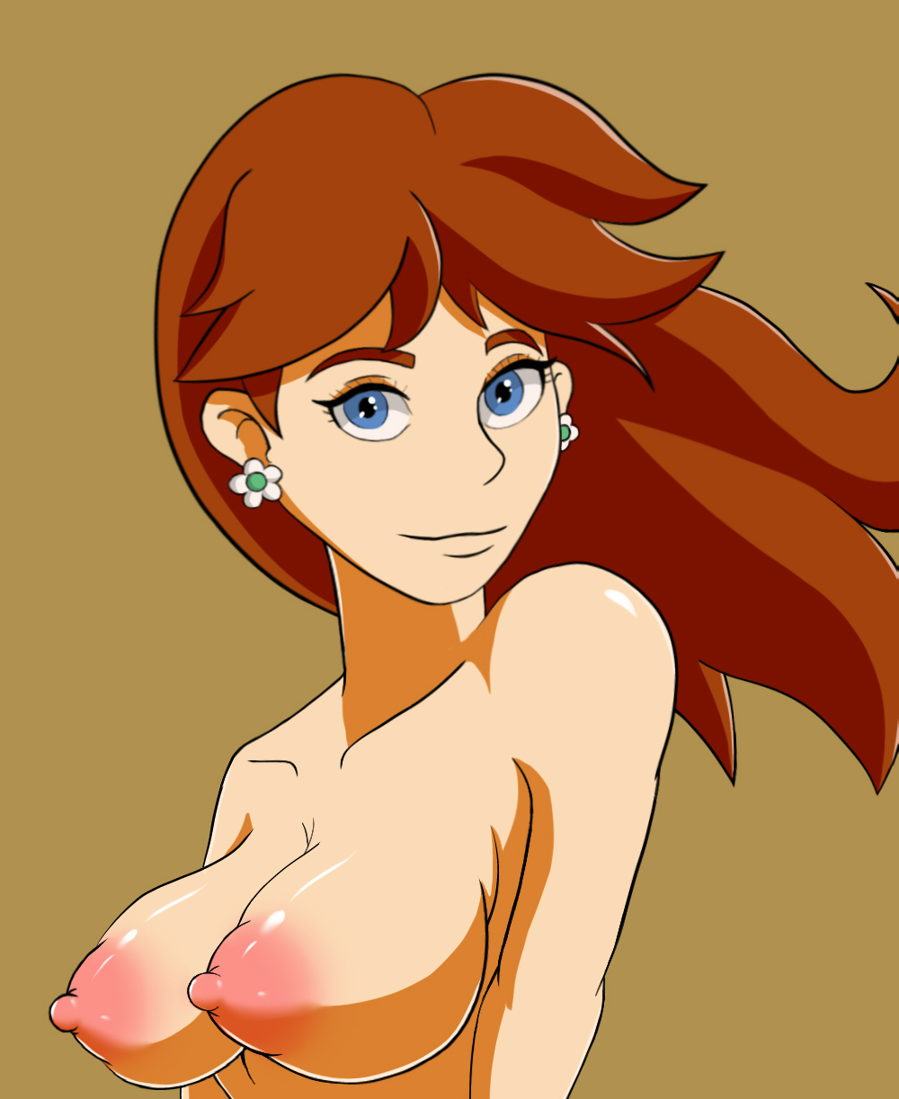 1girls areolae big_breasts blue_eyes breasts brown_background brown_hair earrings erect_nipples female female_only hcitrus light-skinned_female light_skin long_hair looking_at_viewer mario_(series) nipples nude princess_daisy puffy_areola shiny_breasts shiny_skin simple_background smile smiling smiling_at_viewer solo solo_female