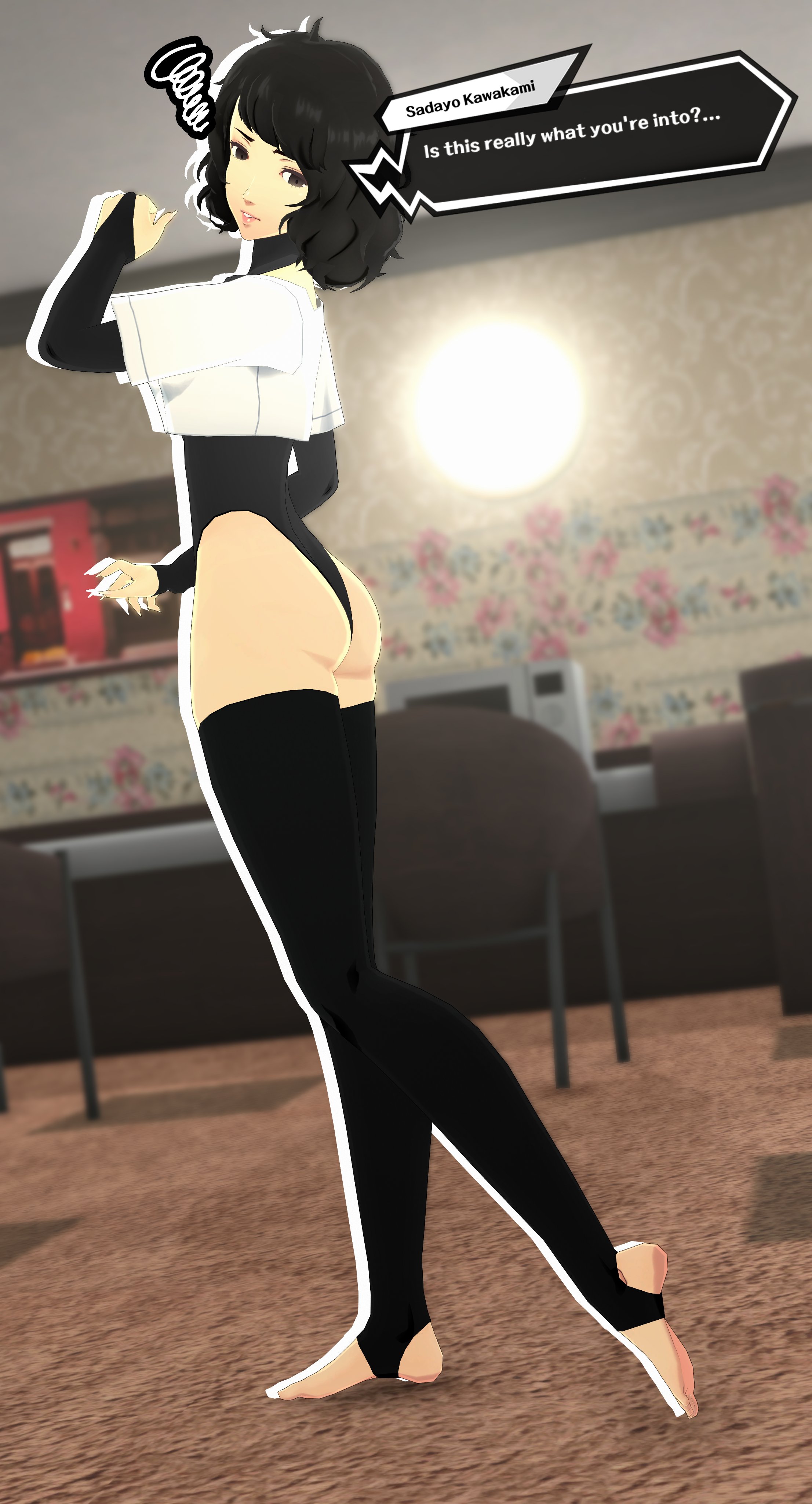 1girls, 3d, arched back, ass, ass focus, atlus, black hair, breasts, clothed, clothing, crop top, feet, female, female only, gameplay mechanics, grey eyes, hourglass figure, leotard, looking back, mature female, milf, older female, persona, persona 5, petite, sadayo kawakami, short hair, slim waist, small breasts, solo, solo female, speech bubble, standing, stealballsrun, stirrup legwear, stirrup thighhighs, text, thighhighs, thighs