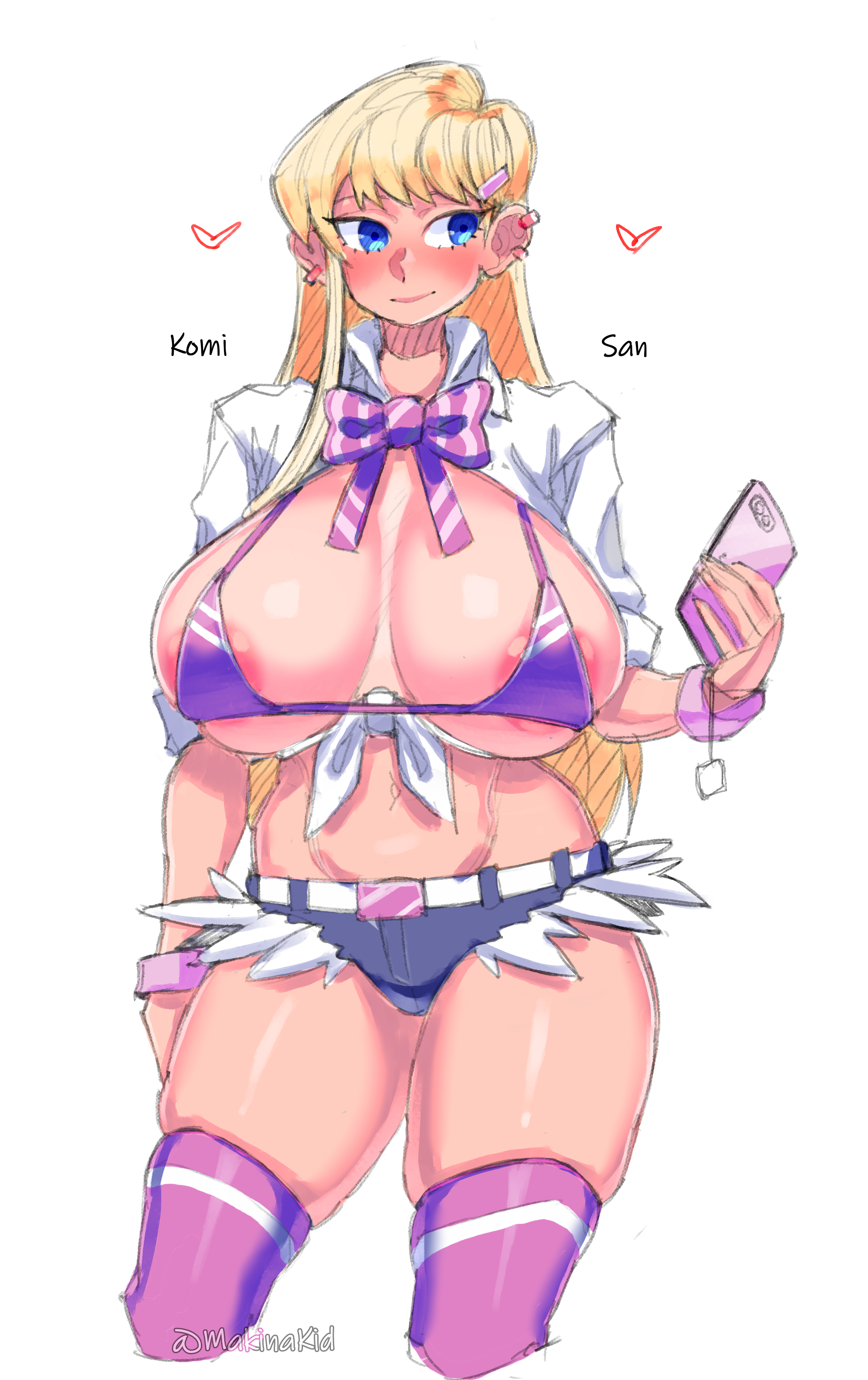 1girls, alternate breast size, alternate hair color, areola slip, bikini top, bimbo, blonde hair, blue eyes, bow, bra cups sticking out, breasts, cellphone, cutoff shorts, ear piercing, female, front-tie top, gyaru, hairclip, huge breasts, kogal, komi shouko, komi-san wa komyushou desu, large breasts, makinakid, open shirt, revealing clothes, school uniform, short shorts, shorts, skindentation, smartphone, solo, tan, tanline, thick thighs, thigh highs, thighhighs, wristband