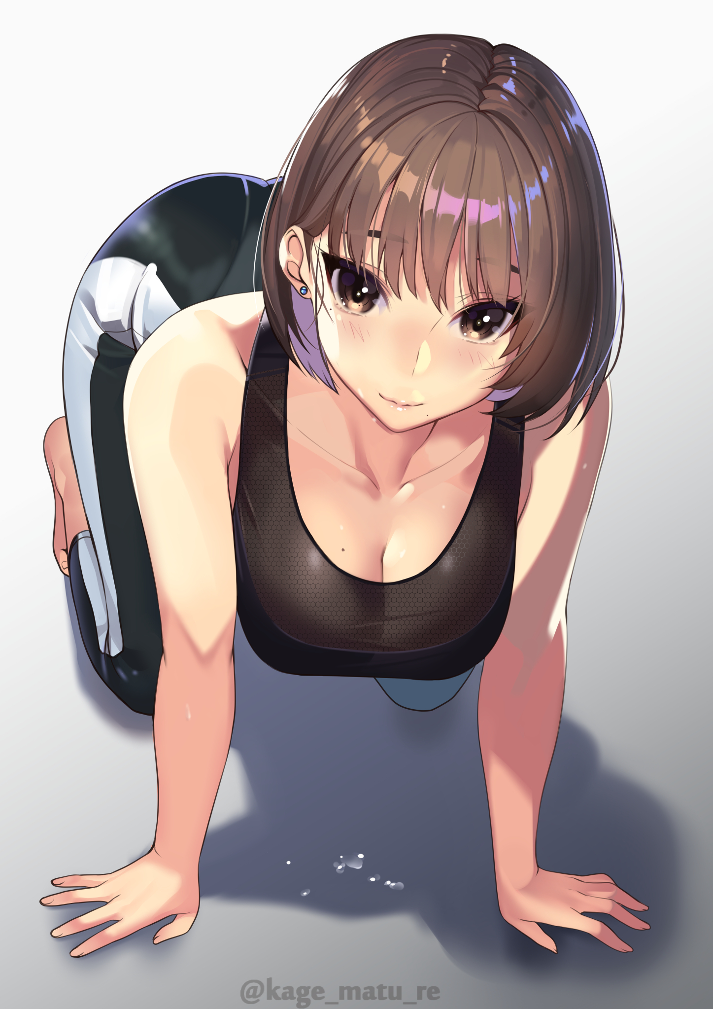 1girls, all fours, bangs, bare arms, bare shoulders, barefoot, blush, breasts, brown eyes, brown hair, cleavage, closed mouth, collarbone, earrings, eyebrows visible through hair, female, female focus, full body, highres, jewelry, kagematsuri, lips, looking at viewer, mole, mole on breast, mole under eye, mole under mouth, original, pantylines, shadow, shiny, shiny clothes, shiny hair, shiny skin, simple background, sleeveless, solo, spandex, sweat, sweatdrop