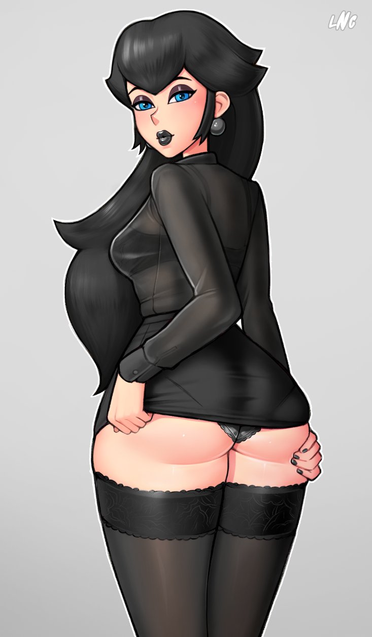 1girls, alternate version available, ass, back view, black eyeshadow, black hair, black lipstick, black nails, black panties, black shirt, black skirt, blue eyes, breasts, clothed, clothing, earrings, eye contact, eyeshadow, female, female only, goth, goth peach, gothified, grey background, hair ornament, lipstick, long hair, loodncrood, looking at viewer, looking back, makeup, mario (series), miniskirt, nail polish, nintendo, panties, pencil skirt, princess peach, shirt, simple background, skirt, skirt lift, solo, standing, stockings, thick thighs, thighhighs, thighs, thighs together, tight clothing, underwear
