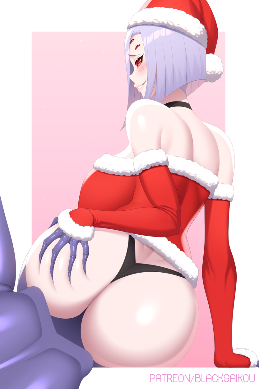 1girls alternate_costume alternate_version_available arachnid arm_support ass ass_grab back bare_shoulders big_ass big_breasts black_choker black_thong blacksaikou breasts choker christmas christmas_outfit clenched_teeth curvy digital_media_(artwork) eyelashes female female_only fingerless_gloves gloves grin hair hat headwear hi_res highres large_breasts light-skinned_female light_skin long_gloves looking_back monster_girl monster_musume_no_iru_nichijou multi_eye open_mouth open_smile pink_background purple_hair rachnera_arachnera red_eyes red_gloves red_sclera santa_hat shoulder_length_hair simple_background sitting sleeveless sleeveless_shirt solo spider spider_girl teeth thong url watermark wide_hips