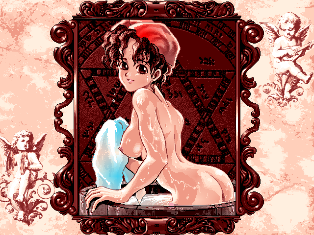 1girls ass barrel bath bath_barrel breasts brown_hair cloth female female_only long_hair nipples nude nude_female olive_(princess_maker) pixel_art princess_maker_(series) princess_maker_2 smile solo solo_female towel_on_head water wet