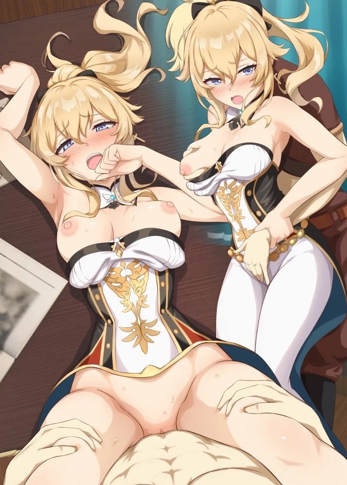 1boy, aether (genshin impact), blonde hair, blush, blushing, bottomless, breast grab, breasts, clothed sex, exposed breasts, female, genshin impact, holding legs, implied penetration, implied sex, implied vaginal, jean gunnhildr, male, missionary position, ponytail, pussy, sidelocks, tagme