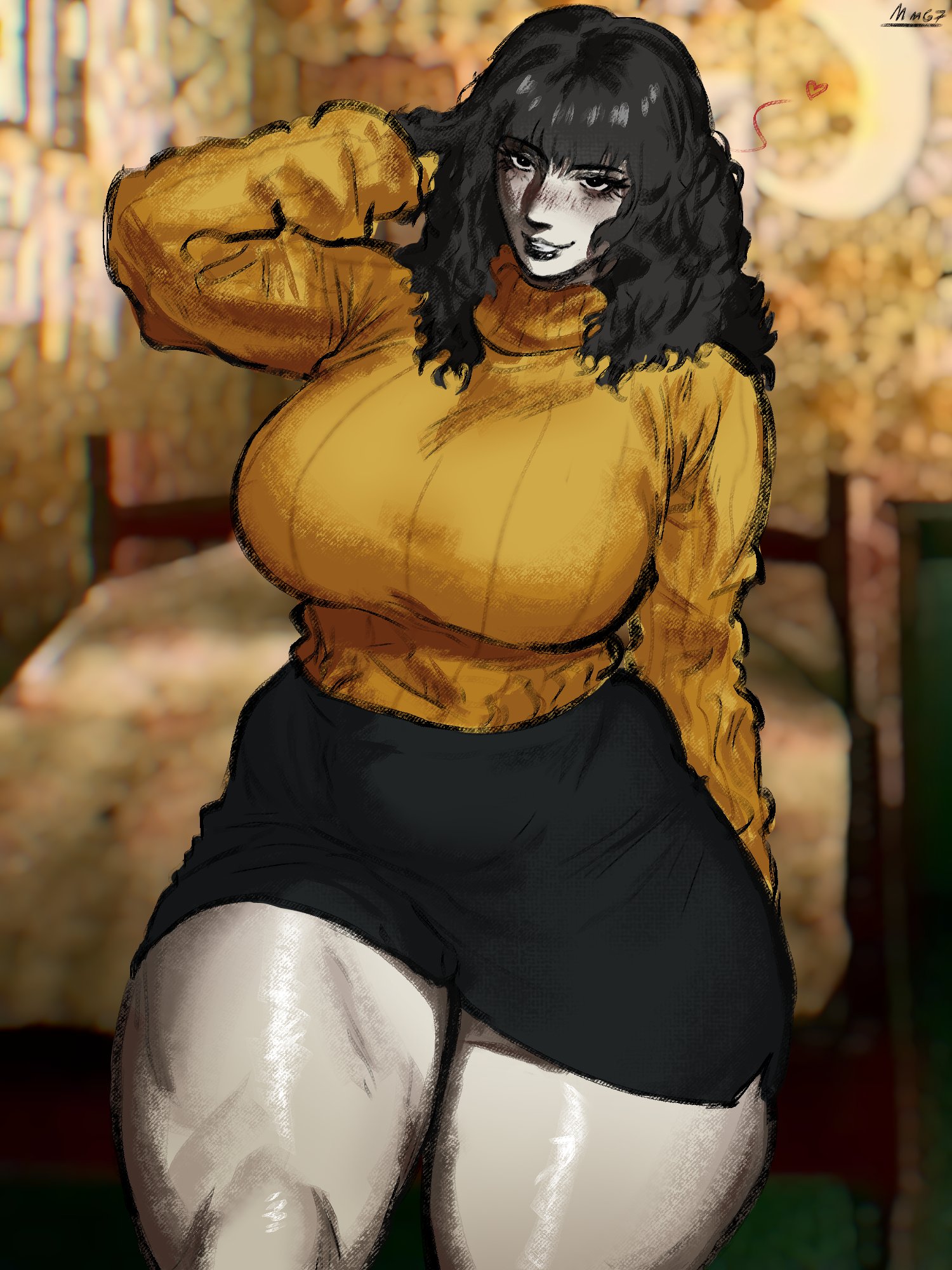 1girls, big breasts, black eyes, black hair, black lipstick, black skirt, blush, breasts, clothed, clothed female, clothing, female only, heart, huge breasts, long hair, looking at viewer, monstermommys67, rosemary walten, skirt, solo, solo female, sweater, the walten files, thick thighs, thighs, turtleneck, turtleneck sweater, watermark