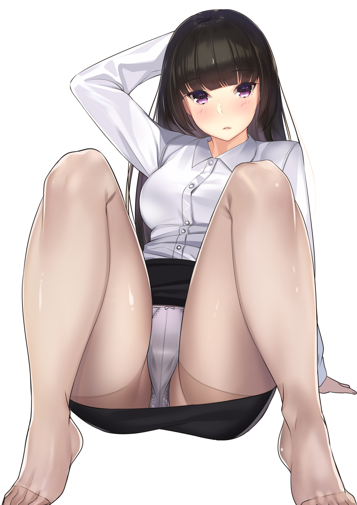 1girls, arm support, arm up, bangs, black hair, black skirt, blunt bangs, blush, bow, bow panties, breasts, dress shirt, female, full body, highres, kagematsuri, long hair, long sleeves, looking at viewer, medium breasts, no shoes, original, panties, panties under pantyhose, pantyhose, pantyshot, parted lips, pencil skirt, purple eyes, shirt, simple background, sitting, skirt, solo, spread legs, underwear, white background, white panties, white shirt
