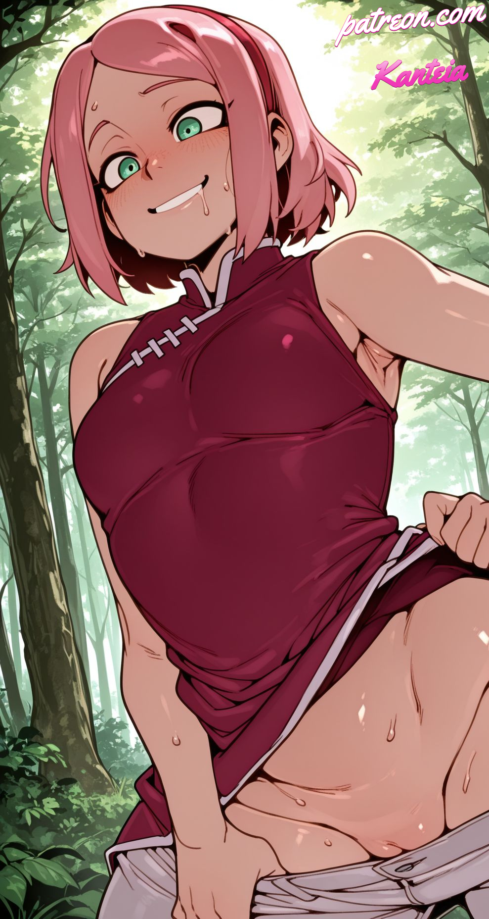 1girl, 1girls, ai, ai generated, blush, boobs, boruto: naruto next generations, breasts, clothes pull, dress, female, green eyes, haruno sakura, horny, horny female, kanteia, looking at viewer, mature, mature body, mature female, mature woman, naruto, naruto (series), pants, pants down, pink hair, pussy, pussy juice, sakura haruno, sakura uchiha, short hair, small breasts, sweat, sweating, tits, uchiha sakura, woman