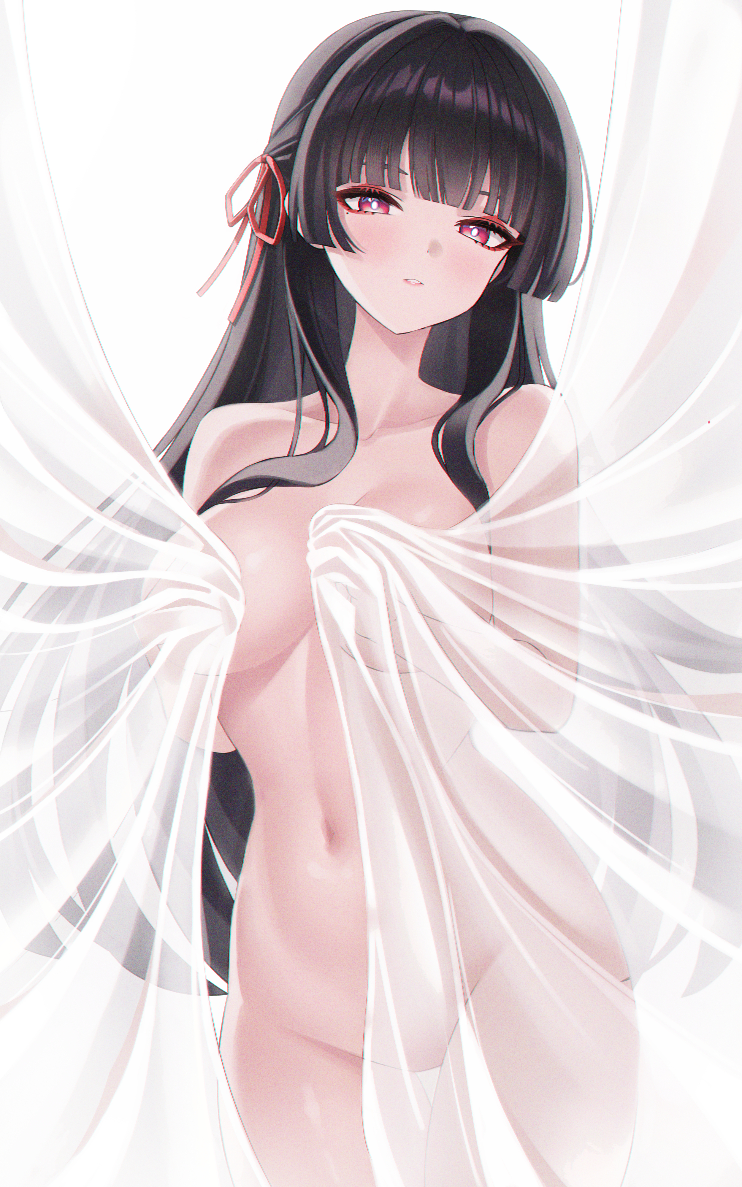 1girls, bed, bedsheets, big breasts, black hair, blanket, chisa (wuthering waves), covered by blanket, covered nipples, exposed breasts, female, large breasts, long hair, naked, naked female, nude, nude female, red eyes, wuthering waves