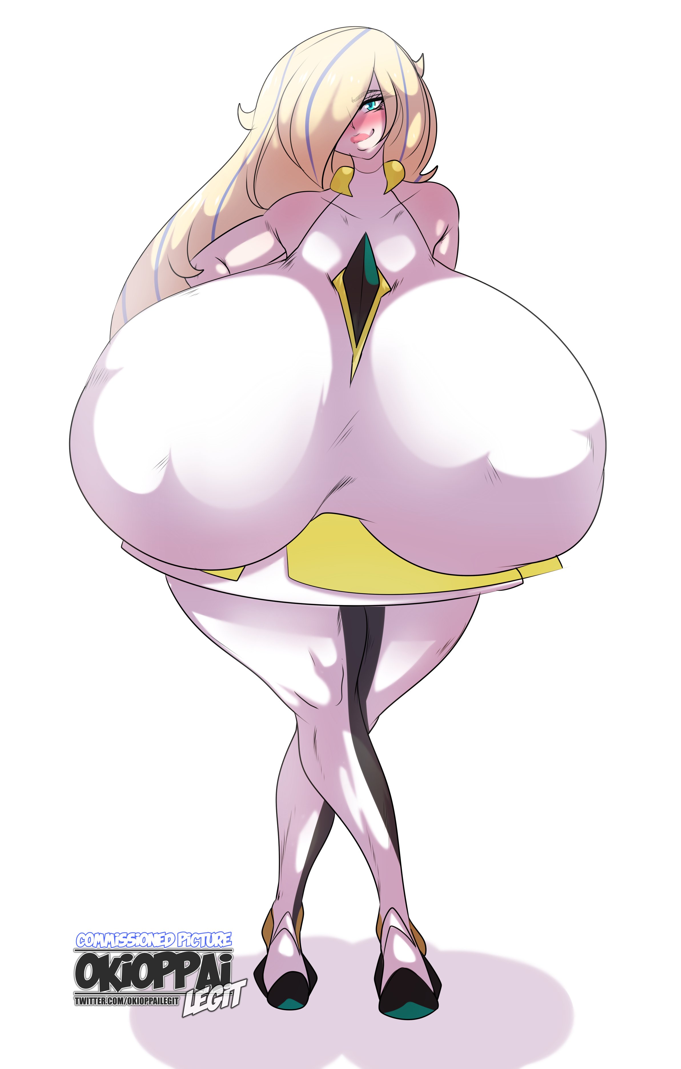 1girls, aether foundation, alternate breast size, big breasts, blonde hair, breasts, female, female focus, hair over one eye, hips, hyper, hyper breasts, long hair, lusamine (pokemon), massive breasts, milf, nintendo, nipple bulge, okioppai, pokemon, pokemon sm, seductive, seductive look, seductive smile, simple background, thick thighs, thighs, watermark, white background, wide hips