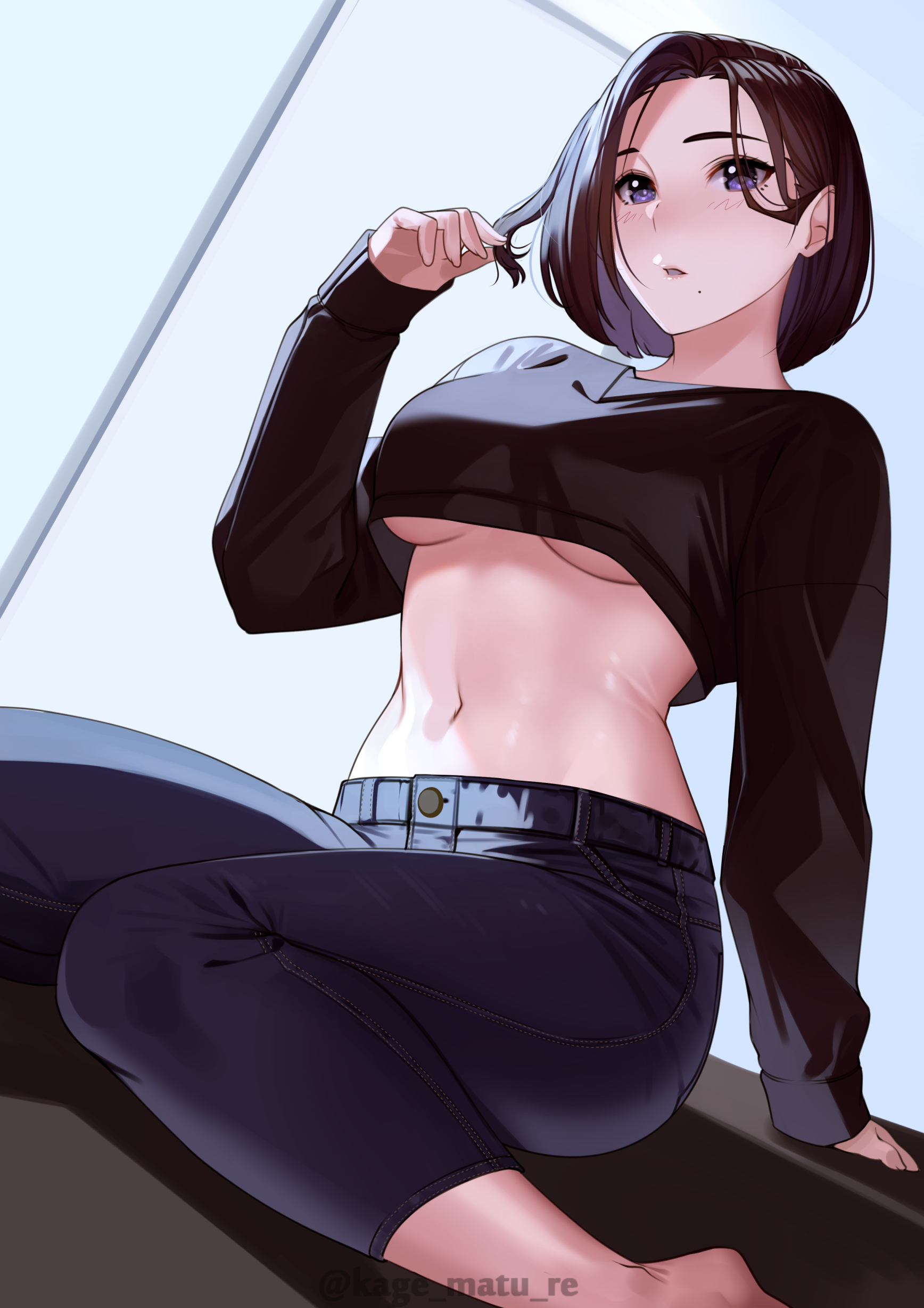 1girls, bangs, black hair, black shirt, blue pants, blush, breasts, crop top, crop top overhang, cropped shirt, denim, female, highres, jeans, kagematsuri, large breasts, long sleeves, looking at viewer, navel, original, pants, parted bangs, parted lips, purple eyes, revision, shirt, short hair, sitting, underboob