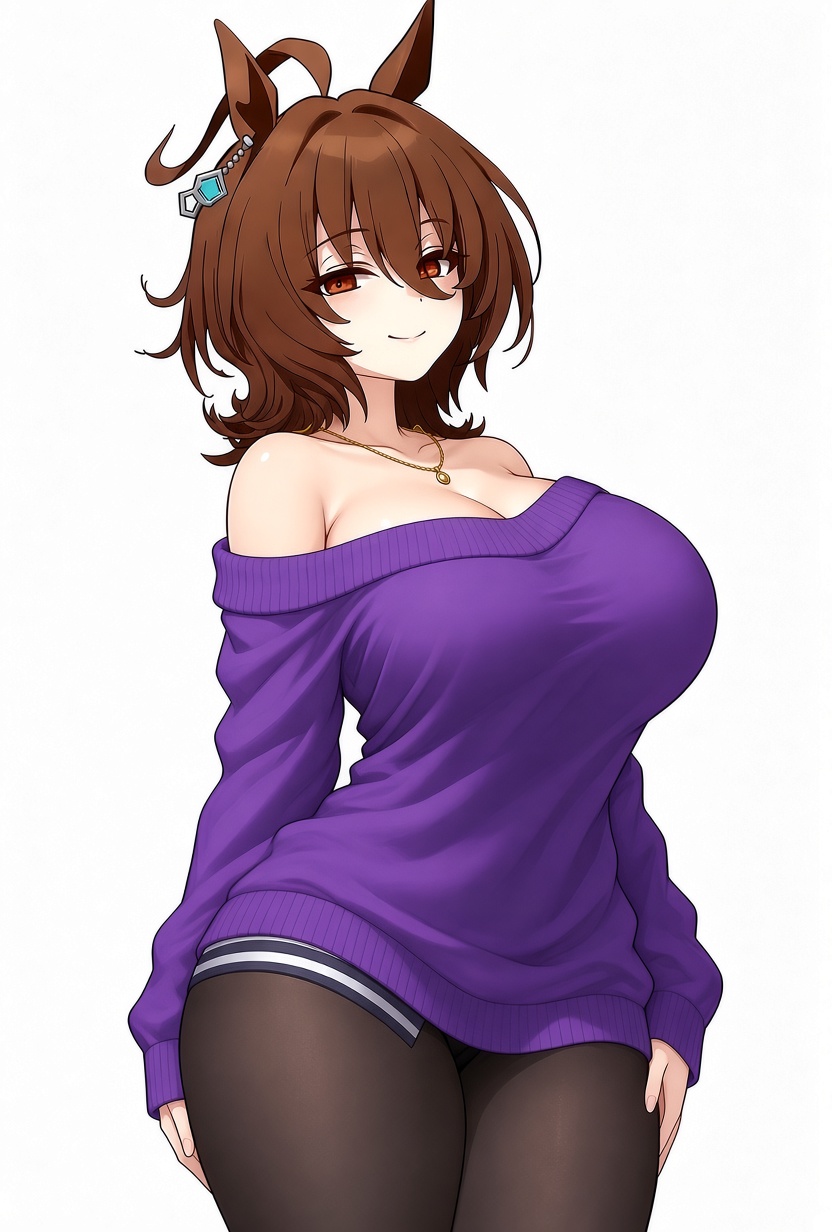 agnes tachyon (umamusume), ai assisted, ai generated, brown hair, earring, edit, female focus, female only, horse ears, horse girl, horse tail, large ass, large breasts, looking at viewer, loose clothes, necklace, red eyes, short hair, slim waist, smile, smile at viewer, thick thighs, umamusume