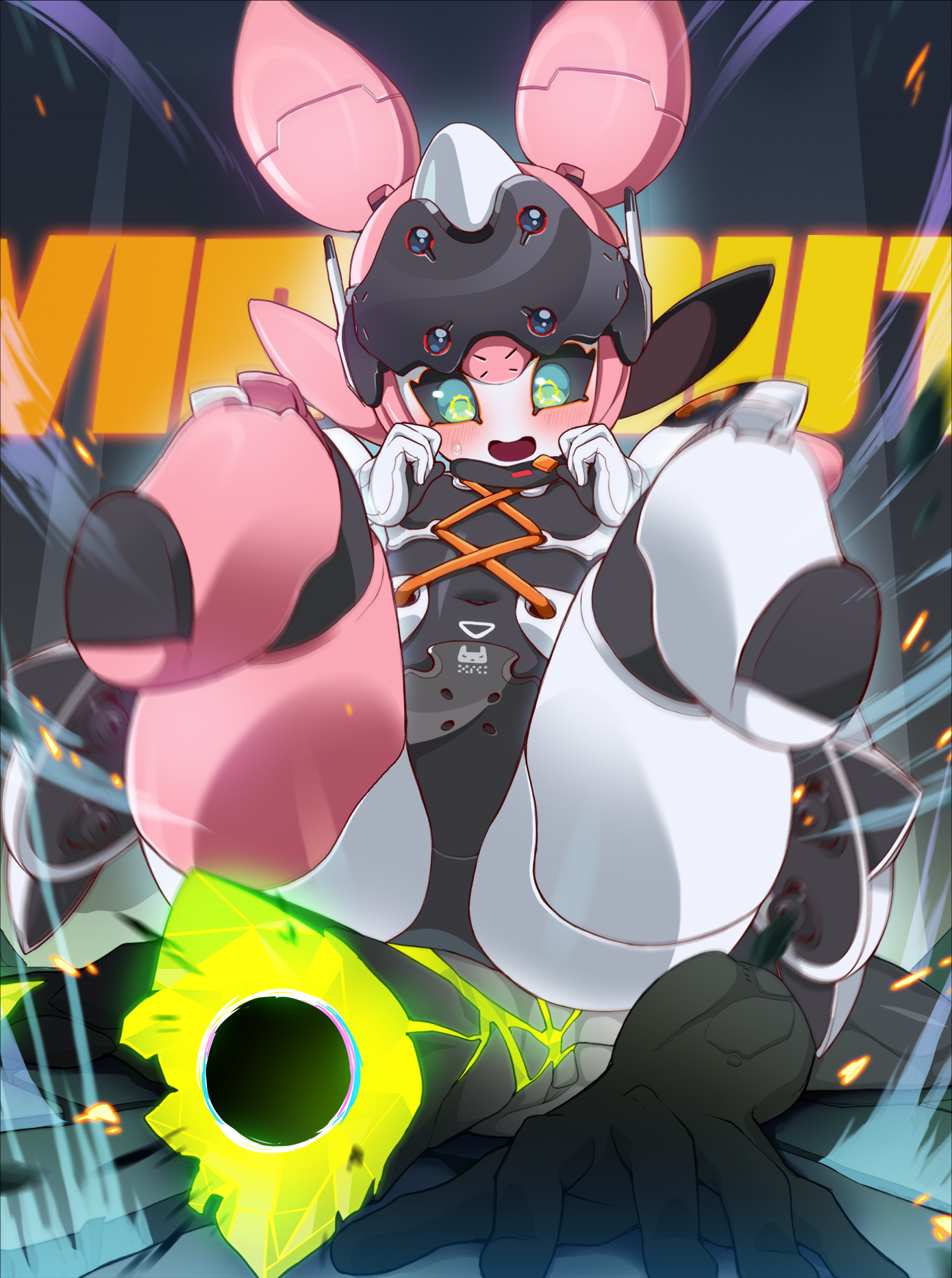 1girl, angels of delusion, aria (zenless zone zero), aria (zenless zone zero) (robot form), black sclera, blush, colored sclera, crack, cracked floor, ethereal (zenless zone zero), green eyes, highres, humanoid robot, joints, navel, notama, open mouth, pink hair, quad tails, robot, robot girl, robot joints, thighhighs, zenless zone zero