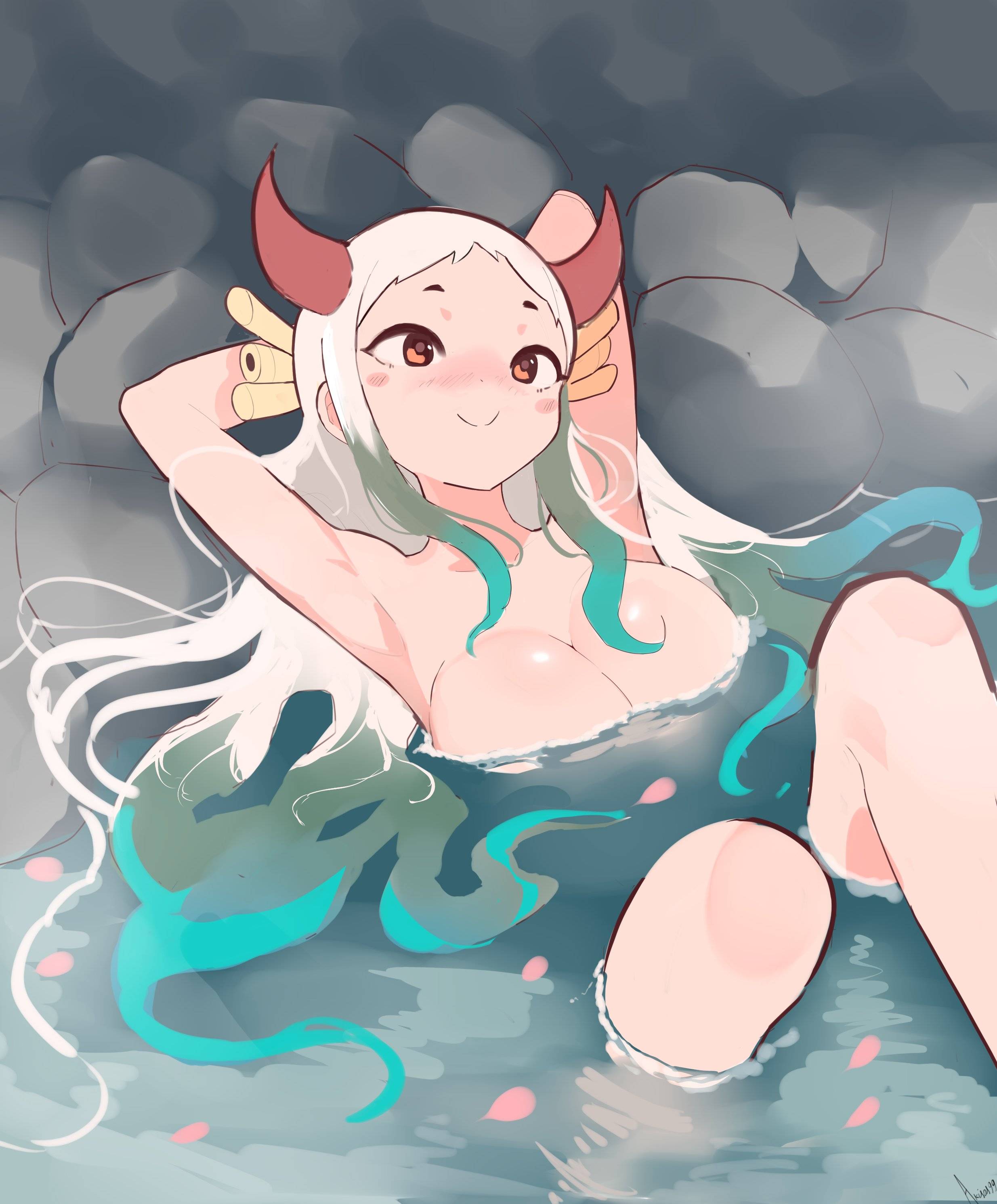 :>, 1girl, 1girls, adult, adult female, akisas99, anime, anime character, arm behind head, armpit, armpit crease, armpit peek, armpits, arms behind head, bath, bathing, bathing outside, bathwater, big boobs, big breasts, blue eyebrows, blue hair, blue-haired female, breasts, brown eyes, brown-eyed female, busty, busty female, busty girl, closed mouth smile, completely naked, completely naked female, completely nude, completely nude female, exposed, fanart, feet in water, female, female only, fully naked, fully nude, gradient hair, green hair, green-haired female, hair pin, hairless armpits, hairpin, hairpins, half submerged, hand behind head, hands behind head, horn, horns, in bath, in water, knees up, large boobs, large breasts, legs in water, manga character, mature, mature female, mature woman, multicolored hair, naked, naked female, naked woman, nude, nude female, nudity, one piece, one piece wano, onsen, outdoor bath, outdoor bathing, partially submerged, post-timeskip, red horn, red horns, shaved armpits, shonen jump, shueisha, sidelocks, sitting in water, smile, smiley face, smiling, submerged feet, submerged legs, taking a bath, toei animation, topless, topless female, washing body, washing self, water, wavy hair, weekly shonen jump, white hair, white-haired female, woman, yamato (one piece)