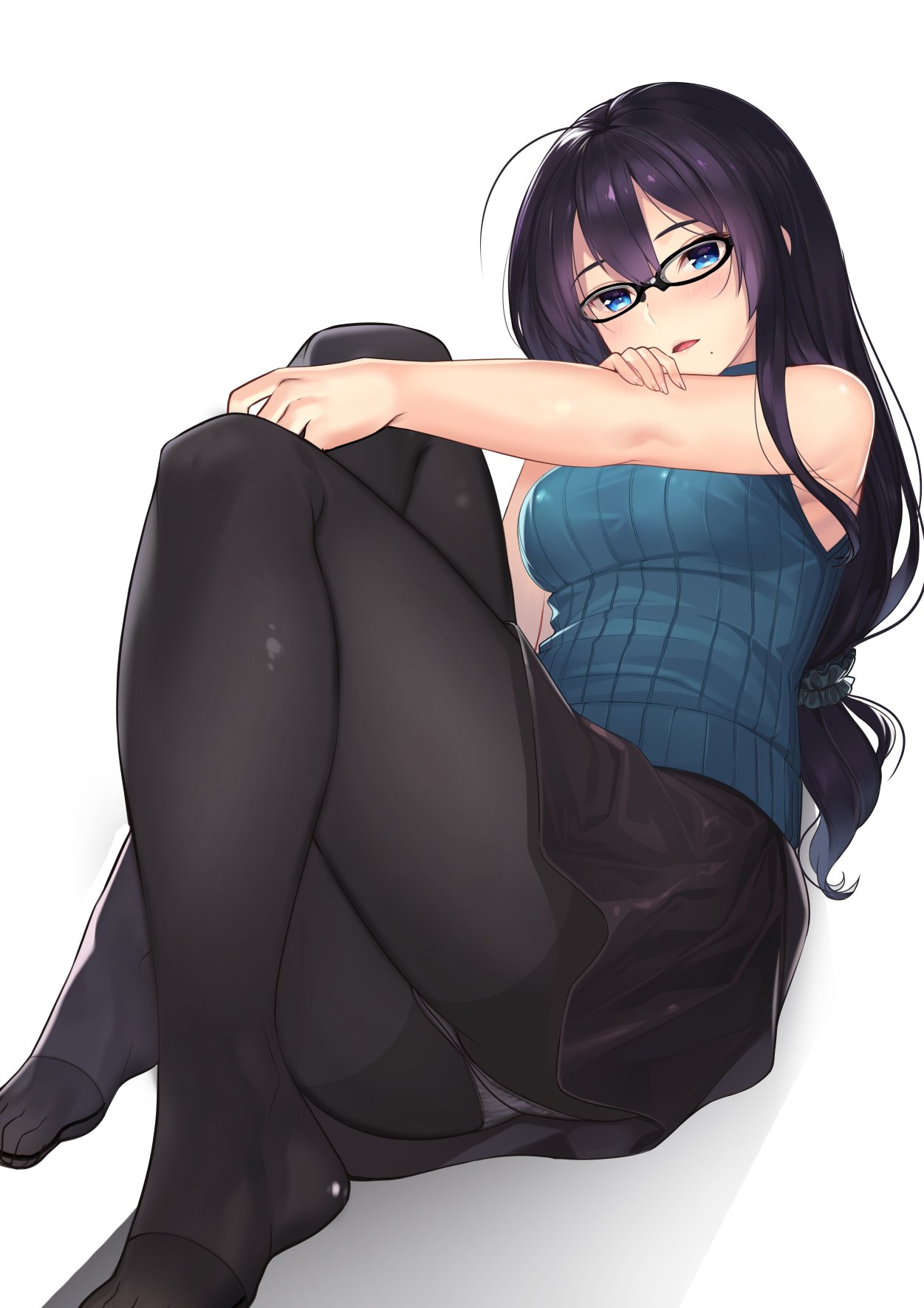 1girls ahoge bangs bare_arms bare_shoulders black-framed_eyewear black_legwear black_scrunchie black_skirt blue_eyes blue_sweater blush crotch_seam full_body glasses gloves hair_ornament hair_scrunchie highres kagematsuri knees_up leaning_back long_hair looking_at_viewer low-tied_long_hair mole mole_under_mouth original panties panties_under_pantyhose pantyhose pantyshot purple_hair ribbed_sweater scrunchie sitting skirt sleeveless sleeveless_turtleneck smile solo sweater thighs turtleneck underwear