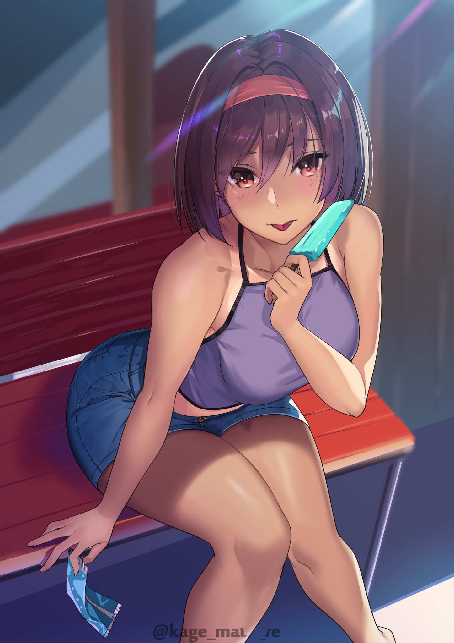 1girls, bare arms, bare legs, bare shoulders, bench, blue shorts, blurry, blush, breasts, brown eyes, camisole, denim, denim shorts, depth of field, female, food, hair between eyes, hairband, hand up, highres, holding, holding food, kagematsuri, looking at viewer, medium breasts, midriff, one-piece tan, original, popsicle, purple hair, purple shirt, shirt, short hair, short shorts, shorts, sitting, sleeveless, sleeveless shirt, solo, sunlight, tan, tanline, thighs, tongue, tongue out