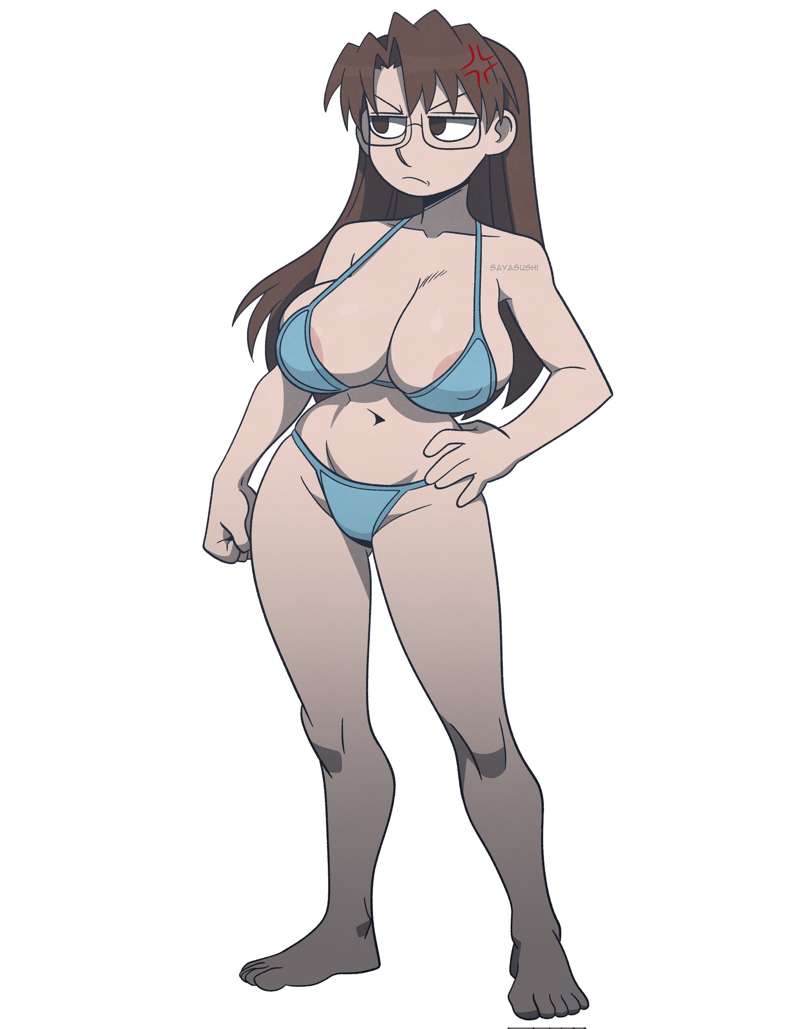 1girls, anger vein, areola slip, areolae, azumanga daiou, big boobs, big breasts, boobs, breasts, brown eyes, brown hair, glasses, huge boobs, huge breasts, koyomi mizuhara, long hair, sayasushiswag, simple background, underwear, white skin