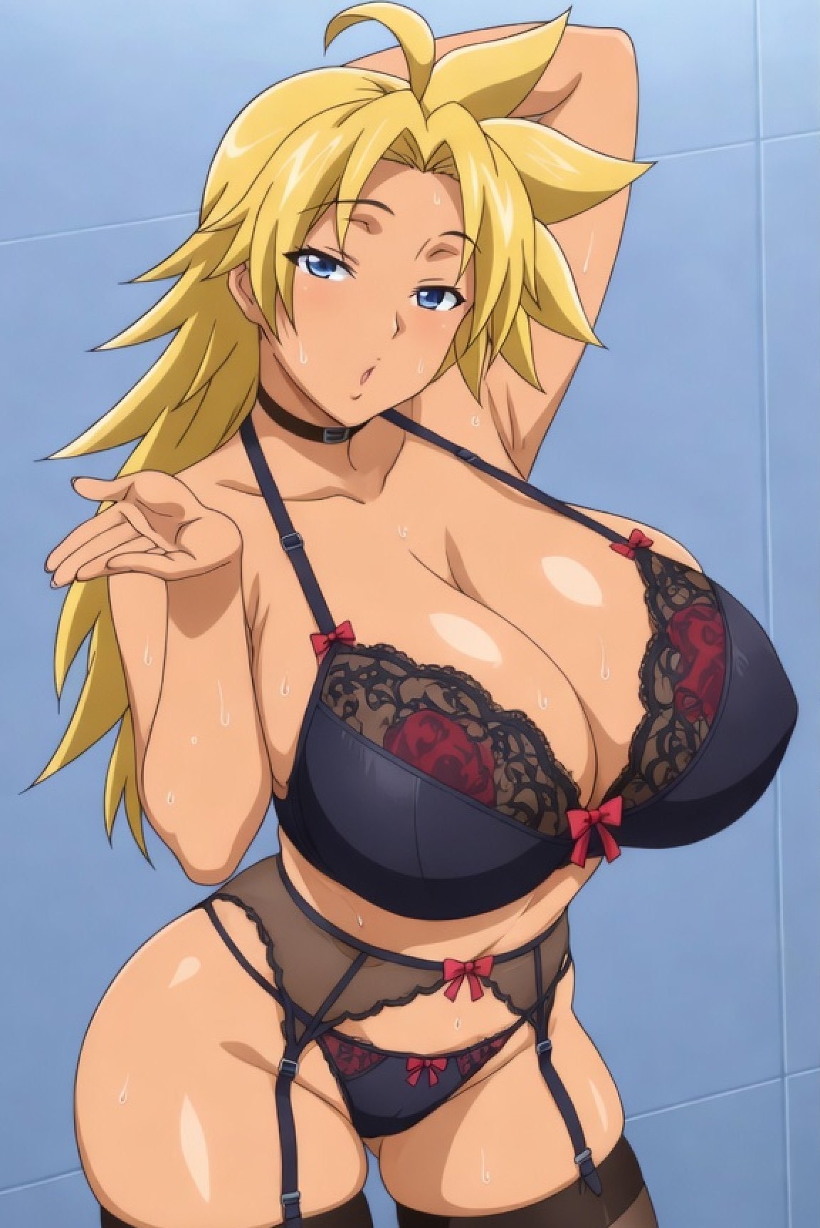 1girl, ai generated, blonde hair, blowing kiss, blue eyes, cleavage, energy kyouka!!, gyaru, large breasts, lingerie, long hair, looking at viewer, posing, seductive look, shiraishi kyouka, solo, tanned skin, thighs