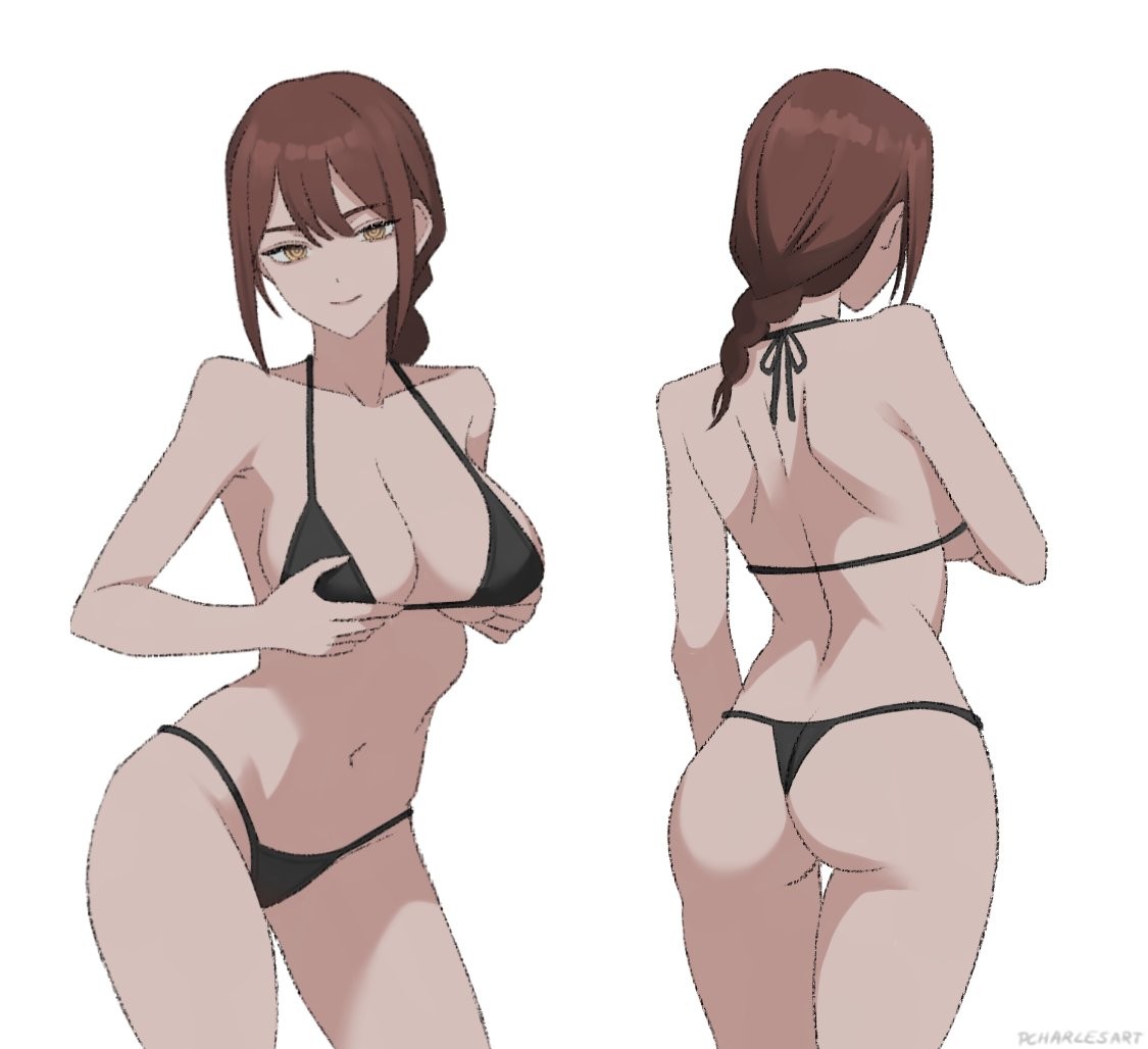 1girls, 2d, 2d (artwork), 2d artwork, adult, adult female, alternate angle, alternate view, anime, anime character, antagonist, ass, ass cleavage, ass crack, back, back shot, back view, back-tie bikini, back-tie swimwear, backboob, background, baddie, bare armpits, bare arms, bare ass, bare back, bare belly, bare butt, bare chest, bare hands, bare hips, bare legs, bare midriff, bare navel, bare shoulders, bare skin, bare thighs, behind view, belly, belly button, bewitching thighs, bikini, bikini bottom, bikini only, bikini top, black bikini, black bikini bottom, black bikini top, black swimsuit, black swimwear, blank background, boob grab, braid, braided hair, braided ponytail, braids, breast grab, breast hold, breasts, busty, busty female, butt, caressing breasts, chainsaw man, charlesart, child bearing hips, cleavage, closed mouth smile, collarbone, curvaceous, curvaceous body, curvaceous female, curvaceous figure, curvaceous hips, curvy, curvy body, curvy female, curvy figure, curvy hips, different angle, digital, digital art, digital drawing, digital drawing (artwork), digital media, digital media (artwork), double breast grab, drawing, elbows, erotic pose, exposed armpits, exposed arms, exposed ass, exposed back, exposed belly, exposed butt, exposed chest, exposed hips, exposed legs, exposed midriff, exposed navel, exposed shoulders, exposed skin, exposed thighs, eye-level view, eyebrows visible through hair, fanart, female, female focus, female only, fertile, fertile hips, fingers, fondling, fondling breasts, fondling own breast, fondling self, from back, from behind, from behind angle, from behind view, from front, front view, grabbing breast, grabbing breasts, grabbing own breast, grabbing own breasts, grabbing tits, groin, grope, groping, groping breast, groping breasts, groping chest, groping own breast, groping own breasts, groping self, hair between eyes, halterneck, hand on breast, hand on chest, hand on own breast, hand on own chest, hands on breasts, hands on chest, hands on own breasts, hands on own chest, hourglass figure, inguinal crease, inguinal ligament, knees out of frame, landscape, large breasts, lascivious, lean figure, light smile, long hair, looking at viewer, makima (chainsaw man), manga character, mappa, mature, mature female, median furrow, midriff, monotone background, multiple views, narrow waist, navel, one color background, plain background, ponytail, posing, posing for the viewer, posing naked, posing nude, rear view, red hair, red-haired female, ring eyes, ringed eyes, seductive, seductive expression, seductive eyes, seductive face, seductive female, seductive gaze, seductive grin, seductive look, seductive looks, seductive pose, seductive posing, seductive smile, seductive smirk, seductive stare, seductive woman, self fondle, self grope, sensual pose, sensual smile, shonen jump, shoulder blades, shoulders, shueisha, sideboob, sidelocks, single braid, slender body, slender waist, slight smile, slim female, slim waist, smile, smiley face, smiling, smiling at viewer, solid color background, solo, standing, string bikini, swimsuit, swimwear, thick ass, thick butt, thigh gap, thighs, tied hair, top view, touching breast, touching breasts, upper body, villain, villainess, weekly shonen jump, white background, wide hips, yellow eyes, yellow-eyed female