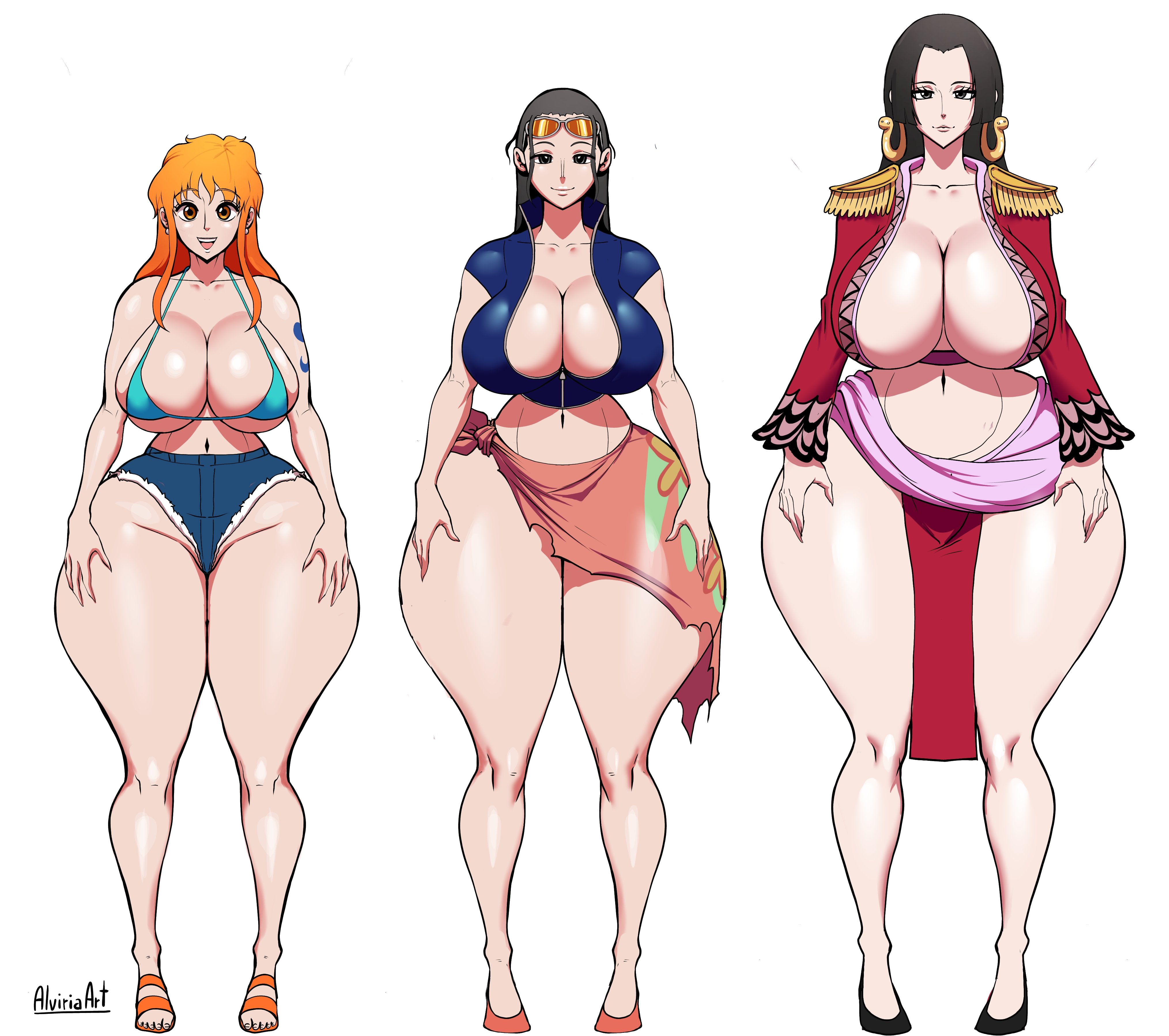 3girls, alviriaart, big breasts, bikini top, black hair, boa hancock, breasts, busty, daisy dukes, female, female only, front view, heels, huge breasts, jacket, large breasts, long hair, nami (one piece), nico robin, no bra, no panties, one piece, orange hair, shoes, shorts, skirt, thick ass, thick thighs, thunder thighs, wide hips