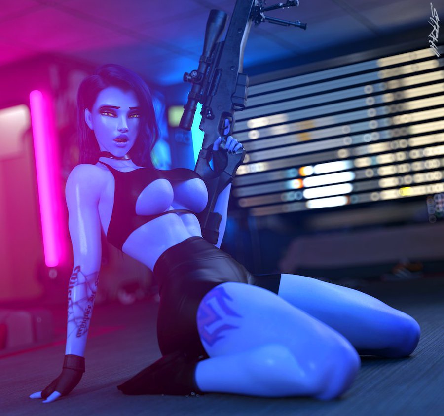 1girls, 3d, amelie lacroix, assassin, big breasts, blizzard entertainment, breasts, cleavage, clothing, female, female only, gun, hips, hourglass figure, kneeling, large breasts, long hair, looking at viewer, overwatch, purple body, purple hair, purple skin, sniper, sniper rifle, solo, solo female, str4hl, underboob, voluptuous, watermark, weapon, wide hips, widowmaker