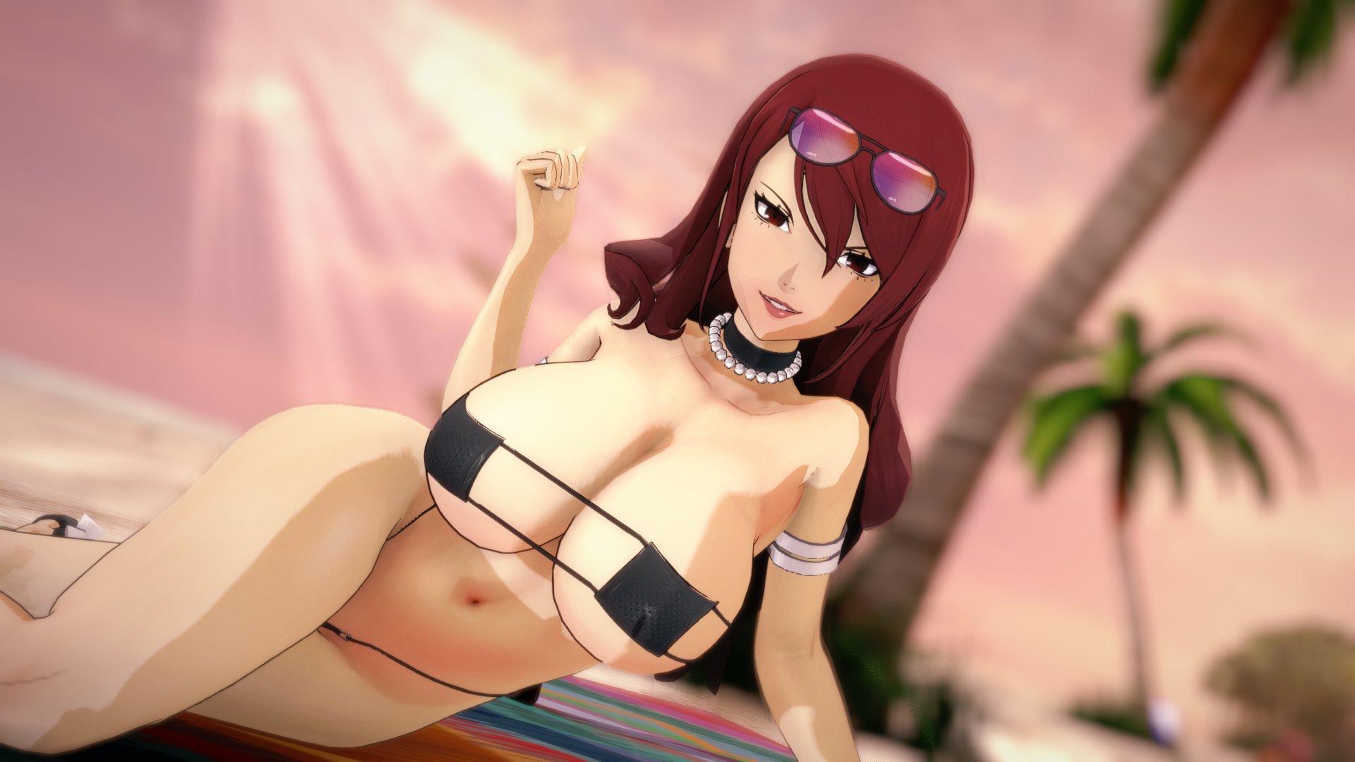 1girls, atlus, beach, big boobs, big breasts, bikini, bikini bottom, bikini top, boobs, breasts, cleavage, eyepatch bikini, grin, huge boobs, huge breasts, large boobs, large breasts, looking at viewer, micro bikini, mitsuru kirijo, on side, persona, persona 3, rich female, sega, solo, solo female, taplewds, wealthy female