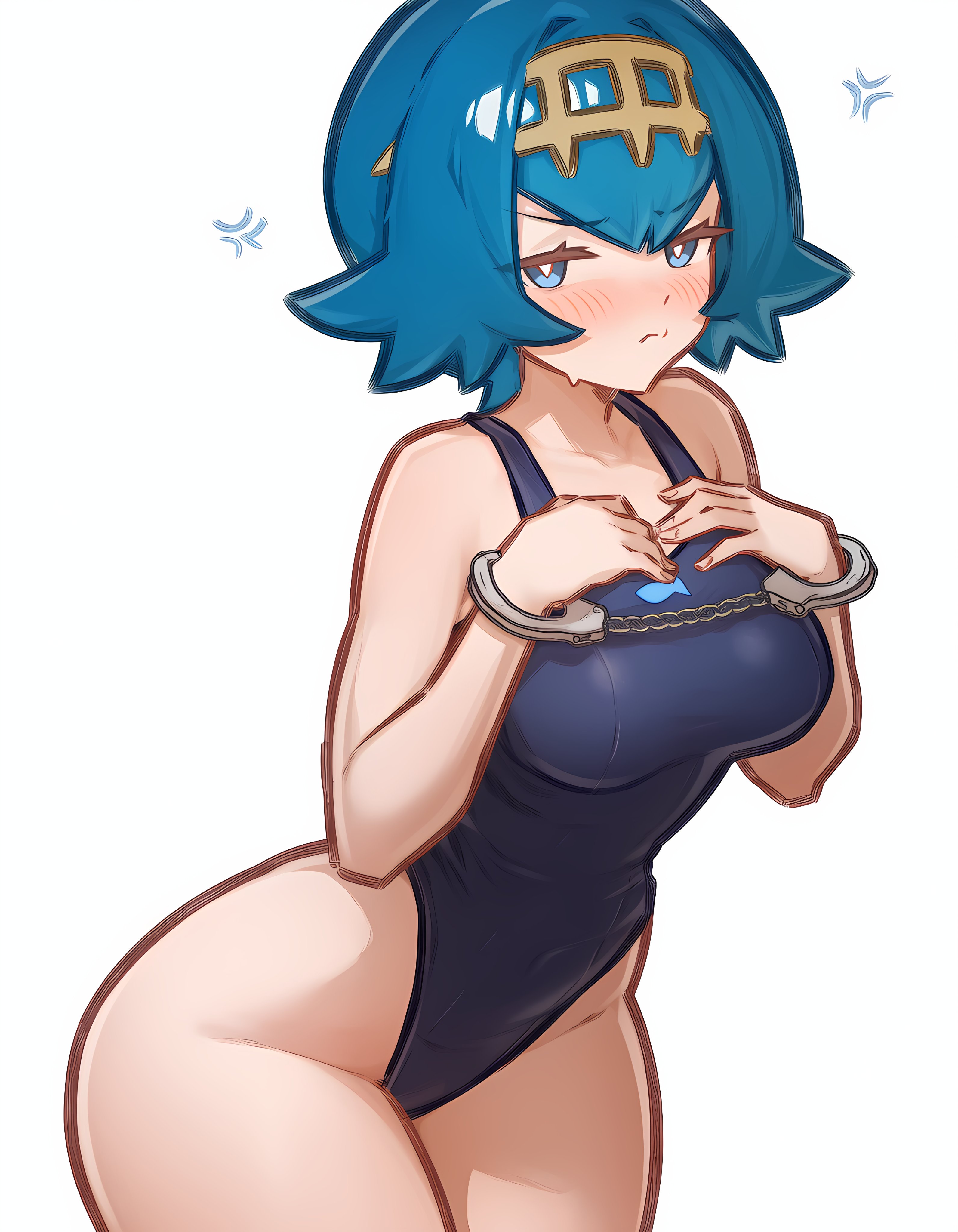 1girls, ai generated, angry, artist request, big ass, big thighs, blue hair, bondage, chains, female, female only, handcuffs, lana (pokemon), looking at viewer, pokemon, solo, swimsuit, tagme, thick thighs, tied up, white background
