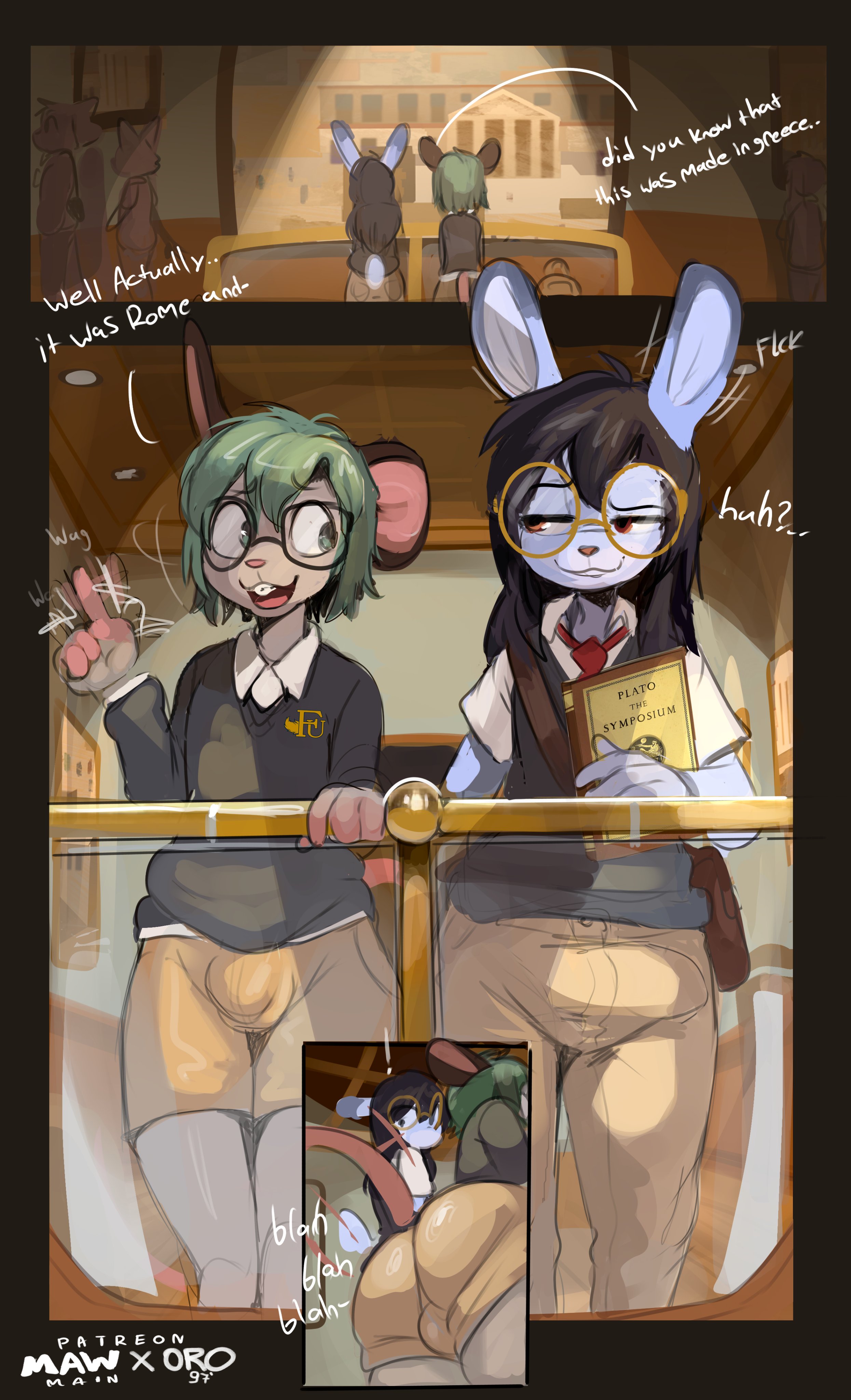 balls under clothes, bulge, bulge through clothing, english text, furry, glasses, mawmain, nerd, oro97, part 1, part of a set, size difference, student, talking, talking to another, text, twink, visible penis