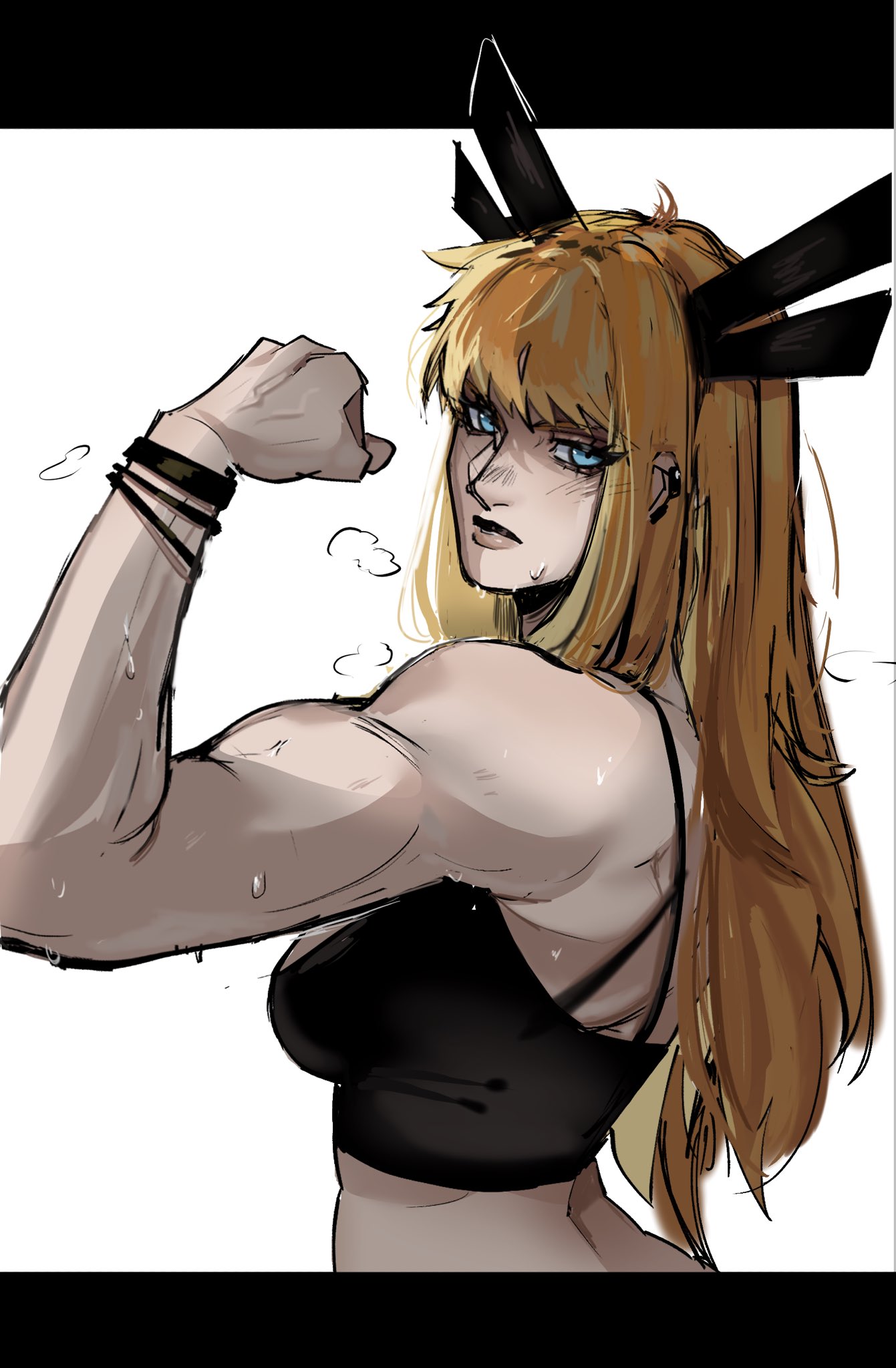 1girls, 2d, back view, blonde hair, clothed, female, female only, flexing, fully clothed, magik (illyana rasputin), magik (marvel rivals), marvel, marvel rivals, solo, solo female