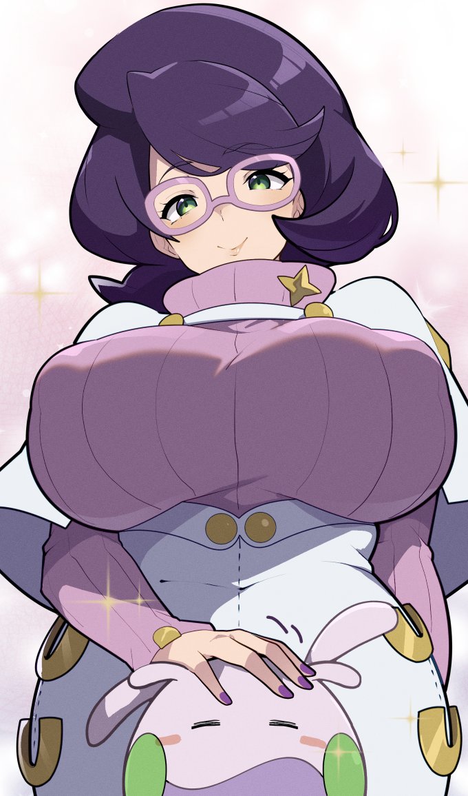 1girl, big breasts, big hair, breasts, buttons, capelet, commentary request, curvy, game freak, glasses, goomy, green eyes, high-waist skirt, large breasts, long sleeves, mature female, medium skirt, milf, mituyota 76, nintendo, pencil skirt, pink sweater, pink-framed eyewear, pokemon, pokemon (creature), pokemon sm, pokemon sun and moon, purple hair, raised eyebrows, ribbed sweater, short hair, skirt, slug, smile, sweater, turtleneck, turtleneck sweater, white capelet, white skirt, wicke (pokemon)