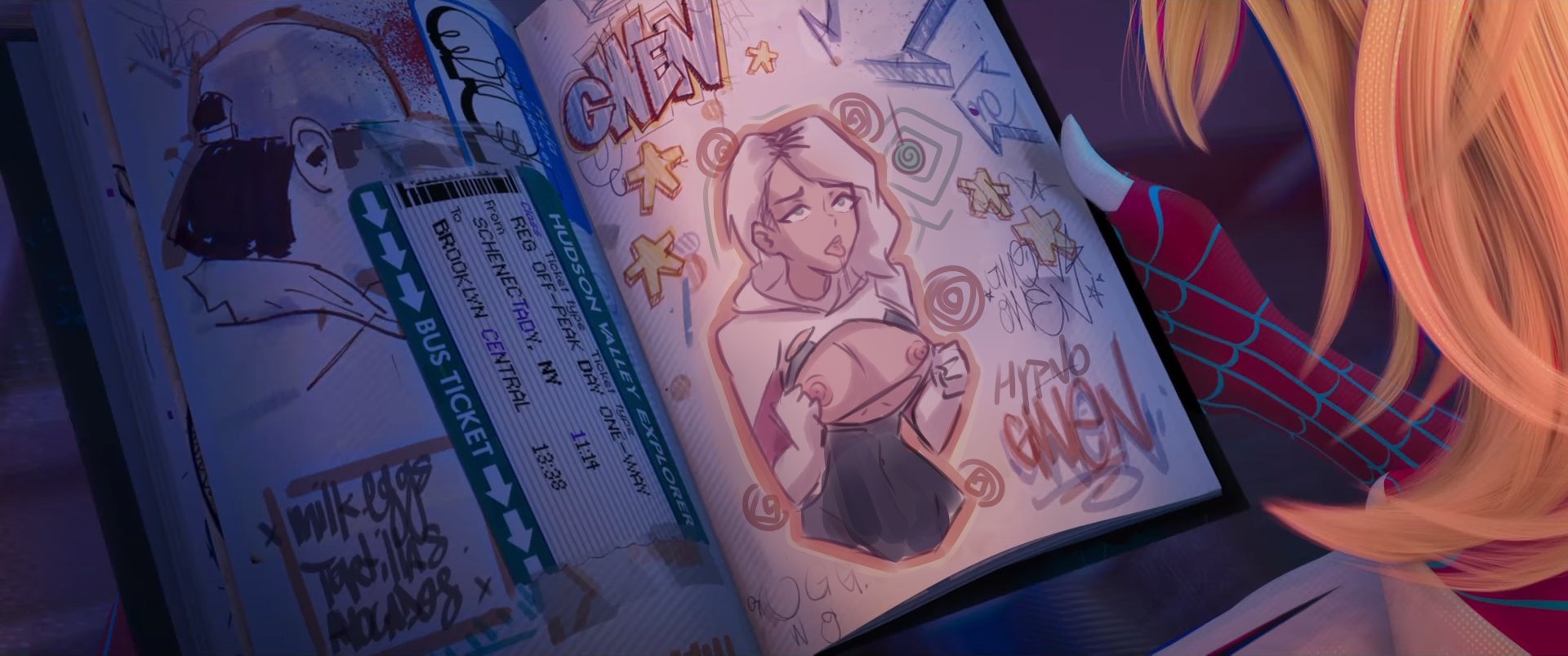 asymmetrical hair, blonde hair, breasts, canonical scene, drawing, electrickronos, female, gwen art check, gwen stacy, marvel, marvel comics, meme, nipples, solo, spider-gwen, spider-man: into the spider-verse