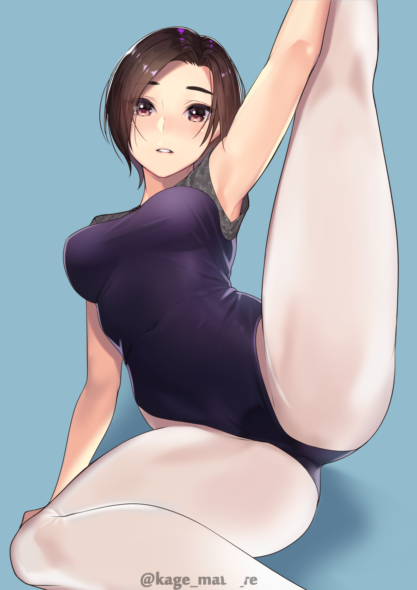 1girls, ass, breasts, brown eyes, brown hair, covered navel, female, highres, kagematsuri, leotard, looking at viewer, medium breasts, original, panties, pantyhose, parted lips, short hair, simple background, sitting, solo, split, spread legs, underwear, white legwear