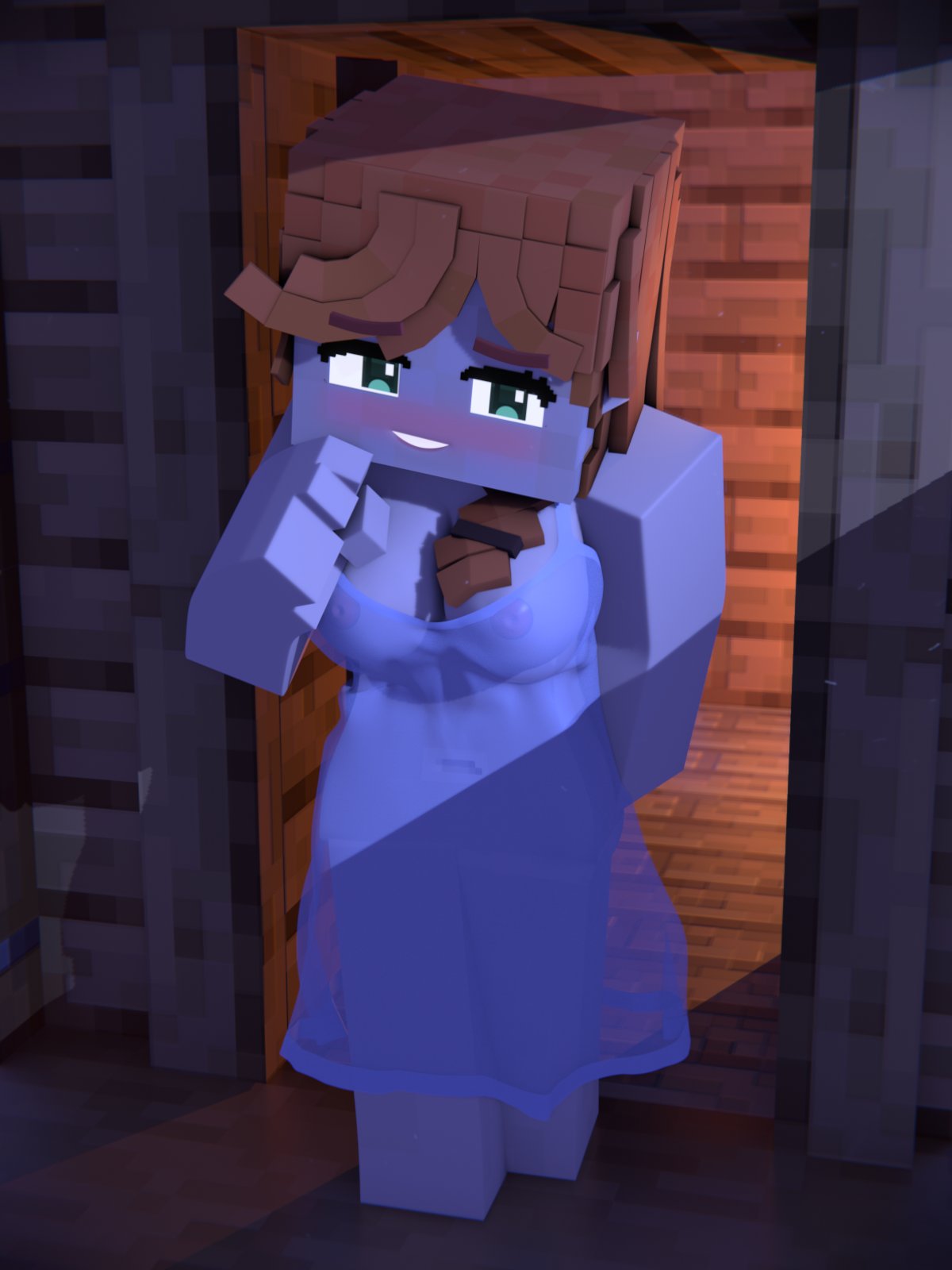 1girls, 3d, alex (minecraft), beveledblock, blender (software), casual, clothing, female, human, minecraft, pale skin, see-through clothing, sleepwear, square head, tagme, translucent clothing