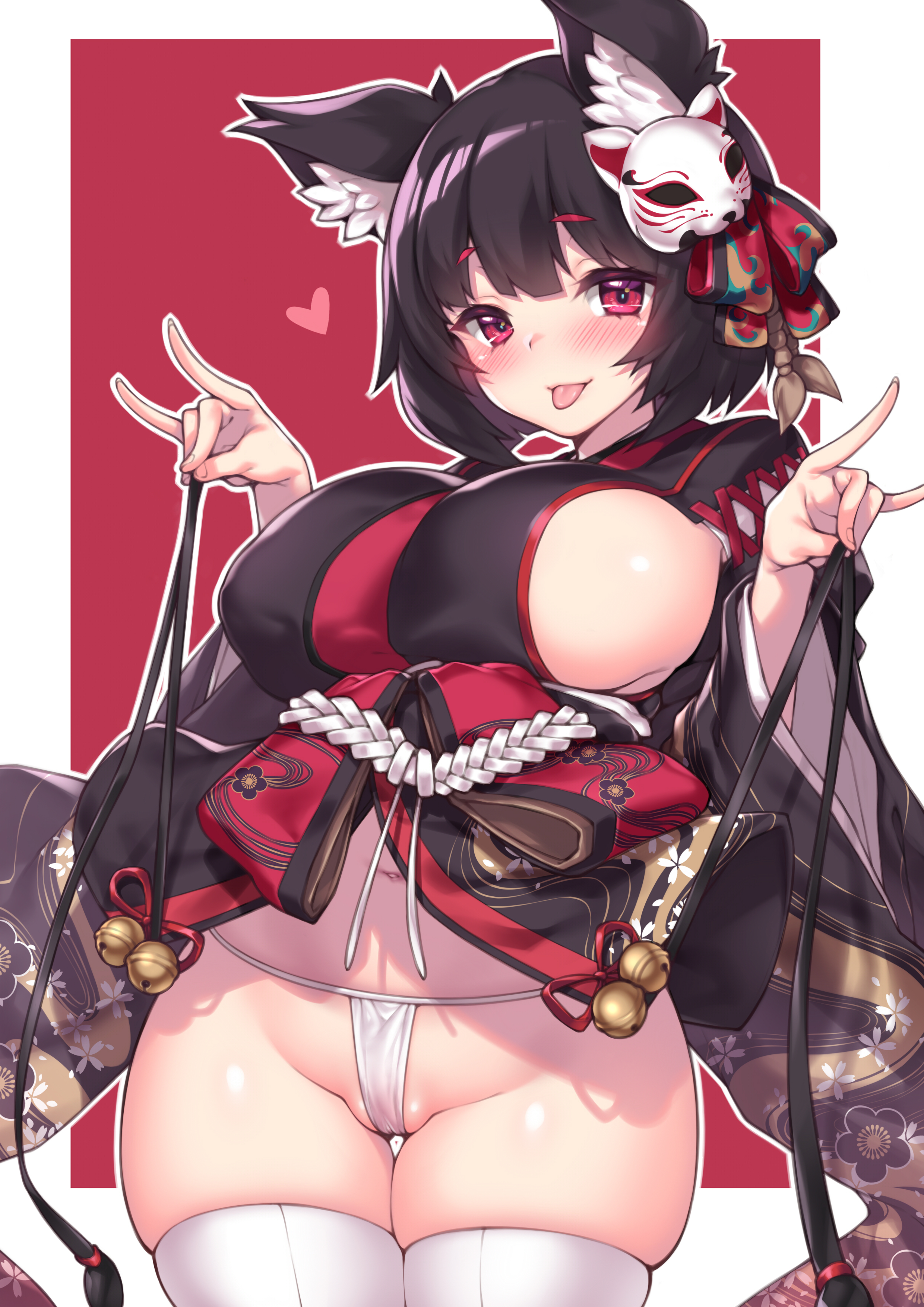 1girls, absurd res, animal ears, azur lane, bangs, bell, black hair, black kimono, blush, breasts, cleavage, clothes pull, clothing, curvaceous, erect nipples, erect nipples under clothes, eyebrows visible through hair, female, female only, fingernails, fuya (tempupupu), groin, heart, hi res, huge breasts, jingle bell, kimono, large breasts, legwear, lifted by self, looking at viewer, mask, navel, nekomimi, nipples, oerba yun fang, open mouth, open-mouth smile, panties, plump, red eyes, robe, short hair, short kimono, sideboob, skindentation, smile, solo, standing, thick thighs, thigh gap, thighhighs, thighs, tongue, tongue out, underwear, white legwear, white panties, white underwear, wide hips, yamashiro (azur lane)