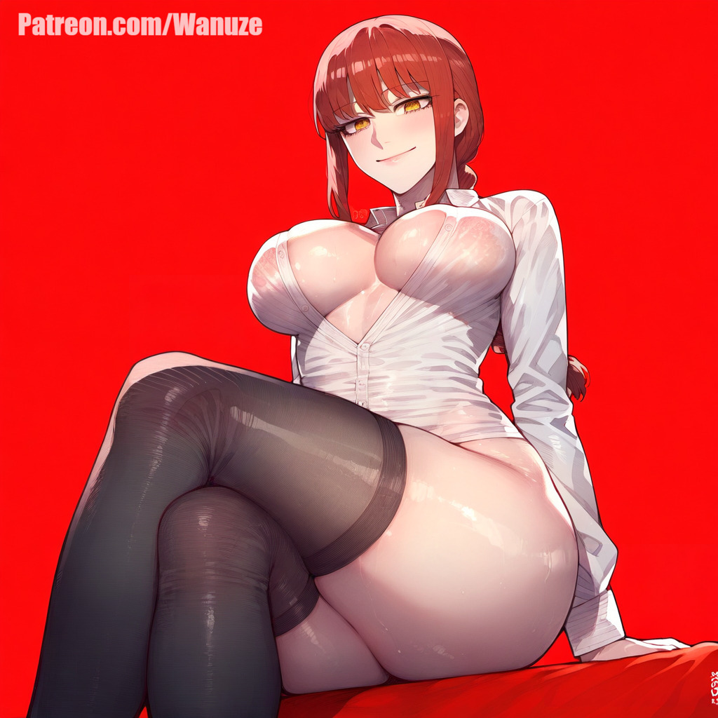 ai generated, ass, big ass, big breasts, big butt, big thighs, black thighhighs, blush, breasts, chainsaw man, female, female only, huge ass, huge butt, huge thighs, makima (chainsaw man), no bra, no panties, red background, see-through, see-through clothing, simple background, wanuze, white shirt, wide hips