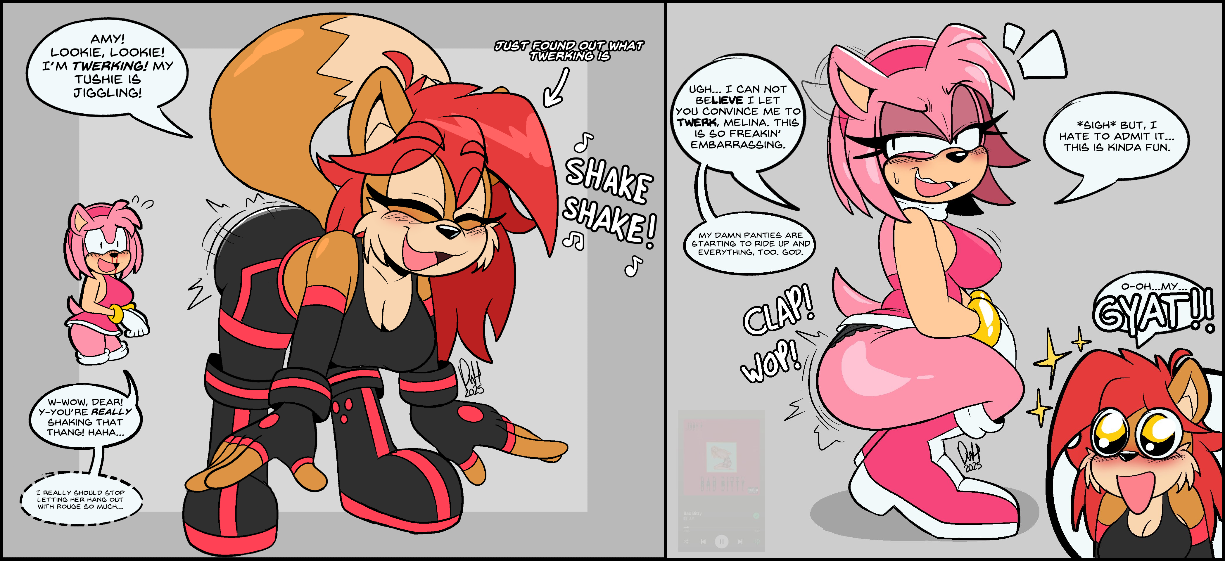 2025, 2girls, amy rose, anthro, ass, ass awe, big ass, blush, clapping ass, clapping cheeks, darkwolfhybrid, dialogue, edit, edited, embarrassed, english dialogue, english text, female, female focus, female only, hi res, high resolution, highres, melina the fox, mobian (species), panties, pink boots, pink clothing, pink dress, pink hairband, sega, sonic (series), sonic the hedgehog (series), text, thighs, twerking, upskirt