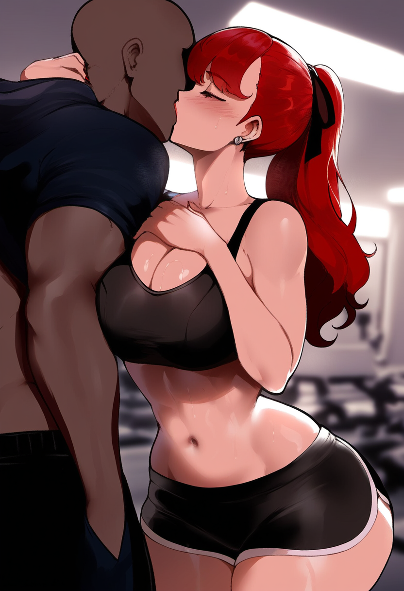 1boy 1boy1girl 1girls ai_generated asian asian_female atlus big_ass big_breasts black_male black_male_asian_female blush cleavage closed_eyes dark-skinned_male dat_ass female gym gym_clothes holding_another huge_ass huge_breasts interracial kasumi_yoshizawa kissing kissing_on_lips large_ass large_breasts light-skinned_female long_hair megami_tensei pale_skin passionate passionate_kiss persona persona_5 persona_5_royal ponytail red_eyes red_hair revealing_clothes ribbon ribbon_in_hair shin_megami_tensei sports_bra sports_shorts standing wide_hips yojorock