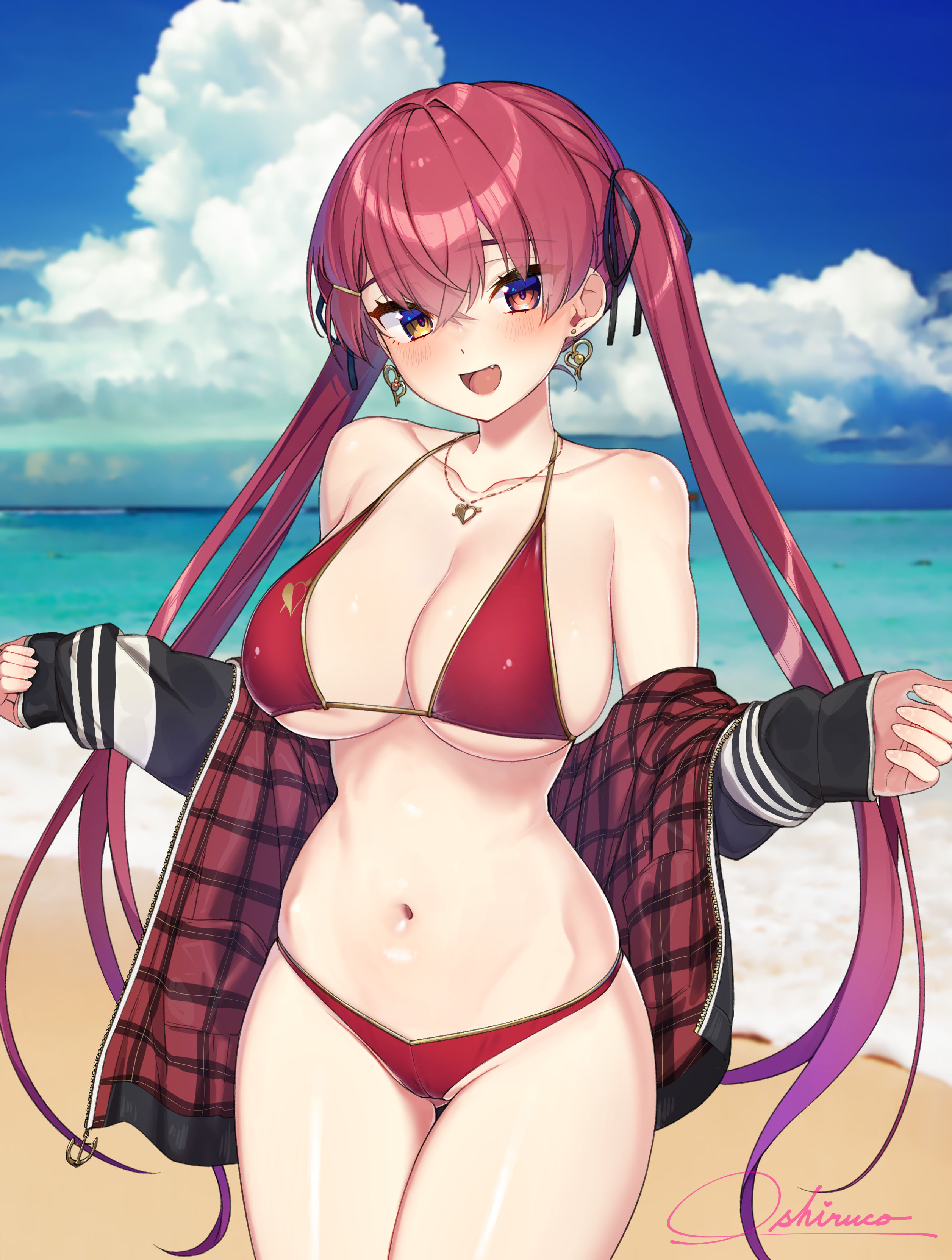1girls, 2021, absurdres, alternate version available, artist name, ass visible through thighs, beach, bikini, breasts, cloud, collarbone, cowboy shot, day, earrings, eyebrows visible through hair, female, female focus, female only, hair between eyes, heterochromia, highres, hololive, hololive fantasy, hololive japan, houshou marine, jacket, jewelry, large breasts, long hair, looking at viewer, navel, necklace, oerba yun fang, open clothes, open jacket, open mouth, oshiruko (oshiruco 212048), outdoors, red hair, sand, solo, solo female, swimsuit, tongue, twintails, virtual youtuber, water, watermark, yellow eyes