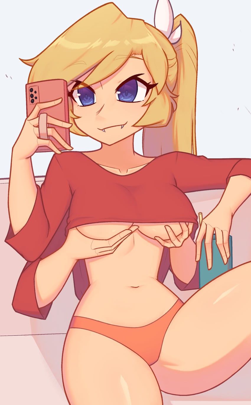 4_arms blonde_hair blue_eyes cellphone coffee_mug couch fangs female groping_breasts nelly panties self_fondle self_grope selfie spider_girl sweater underboob xyroni