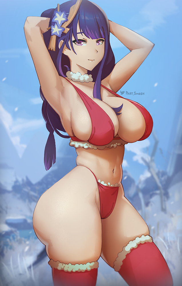 1girls, 2021, armpits, arms behind head, arms up, artist signature, ass, belly button, blue sky, breasts, christmas, female, female only, genshin impact, hair ornament, hips, huge ass, huge breasts, long hair, outdoors, phat smash, purple eyes, purple hair, raiden shogun, red clothing, red thighhighs, skindentation, slim waist, smile, snow, thick thighs, thighhighs, thighs, wide hips