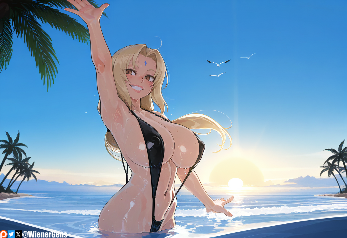 1girls, ai generated, ai generated background, female, female only, naruto, naruto (series), slingshot swimsuit, tagme, tsunade, wienergens